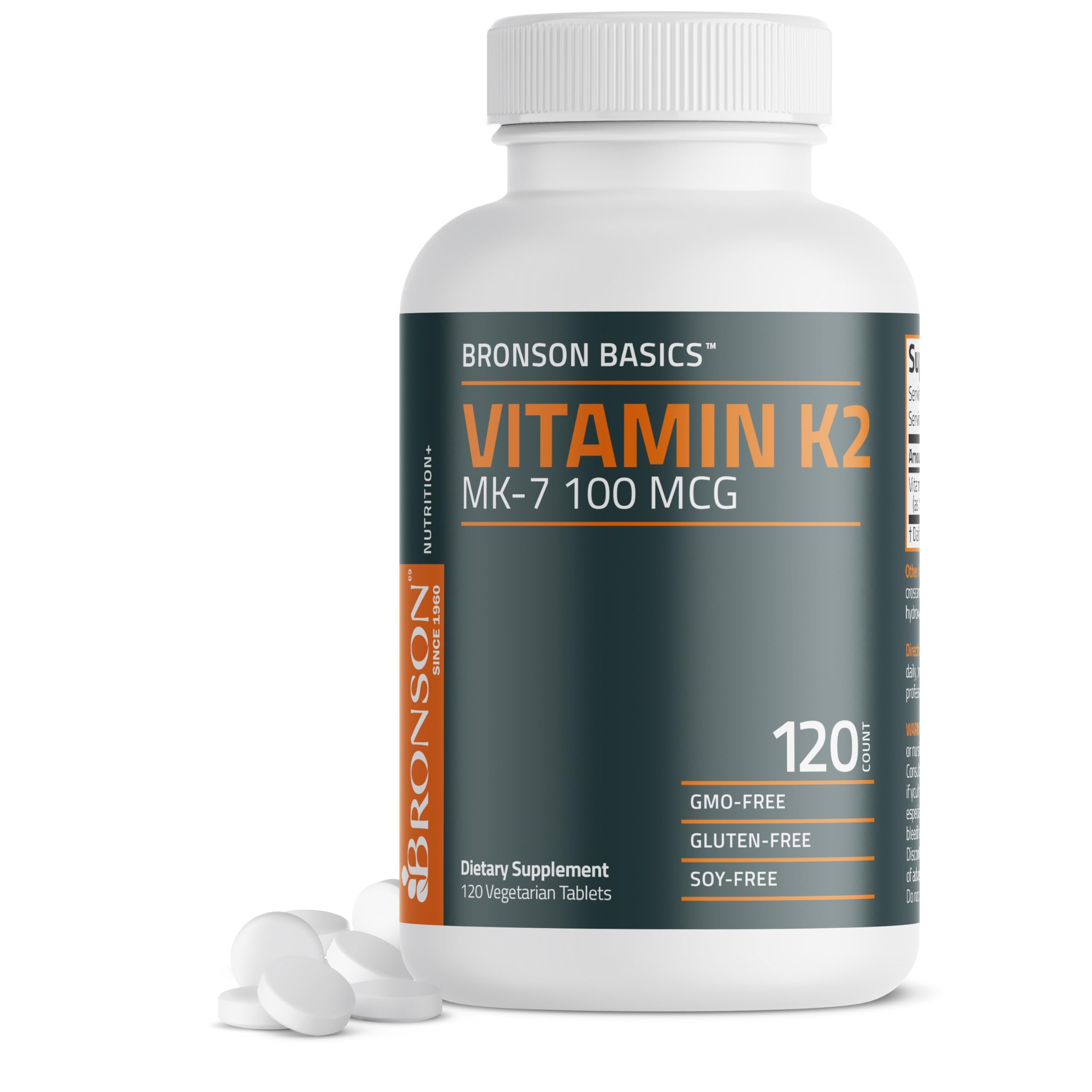 Bronson Vitamin K2 MK-7 100 mcg, K2 as MK7 Menaquinone, 120 Tablets | Helps Transport Calcium to Bones, Biologically Active Longer than Vitamin K1, Non-GMO, Gluten-Free & Soy-Free
