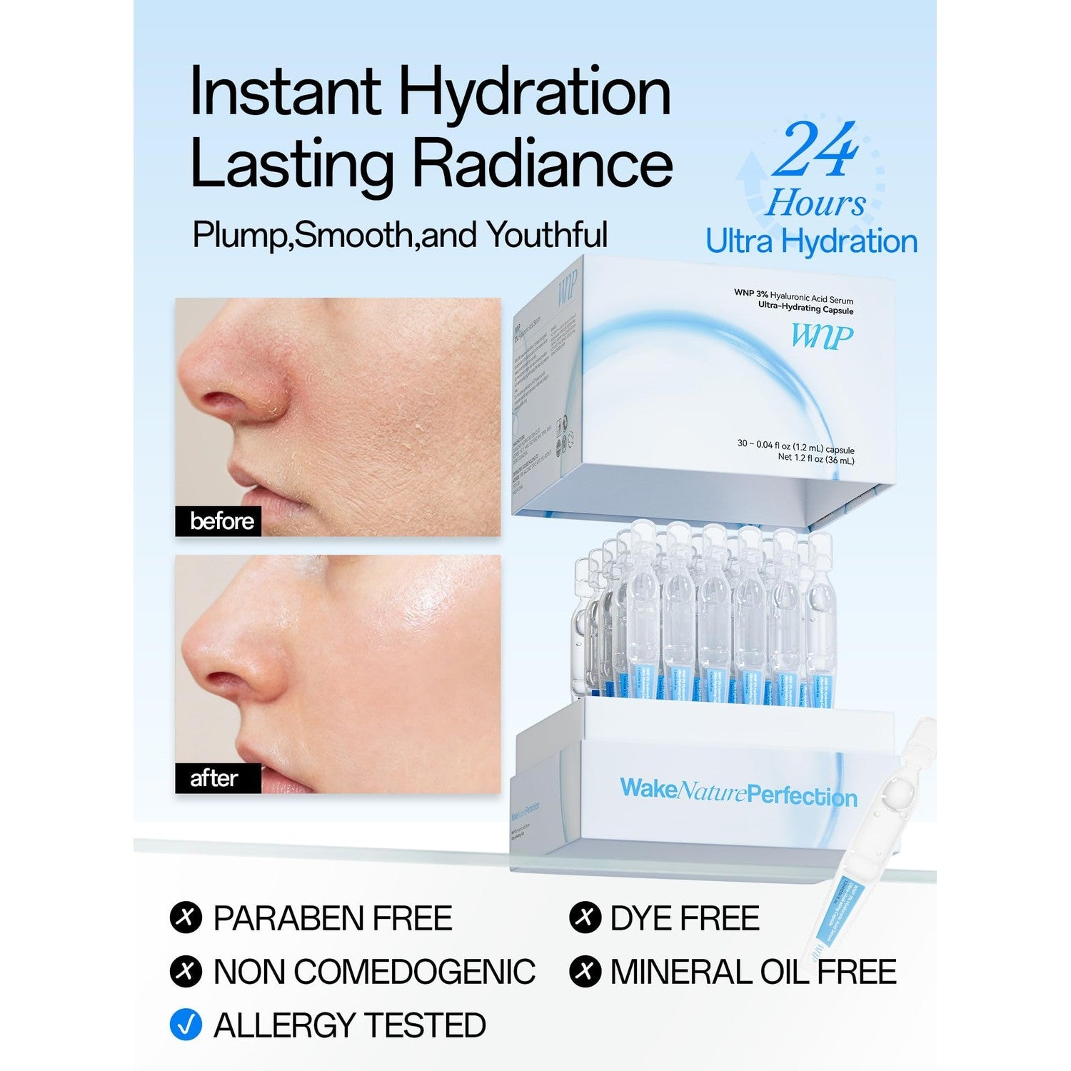WNP Hyaluronic Acid Face Serum 3% Hydrating Ampoule for Dry Skin, 60 Ct | Sterile Single-Use| 24-Hour Hydration| Makeup-Friendly| Travel Ready| Fast-Absorbing| Moisture Care