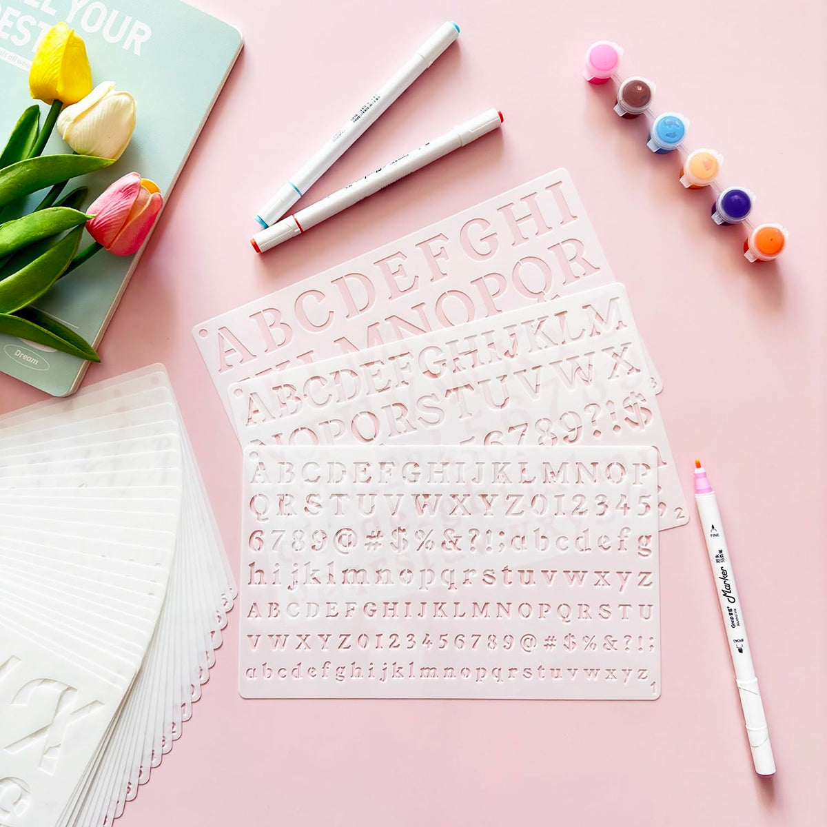 1/3, 1/2, 3/4, 1, 2 Inch Letter Stencils for Painting, 28 Pack Reusable Plastic Alphabet and Number Stencils for Crafts Art Projects
