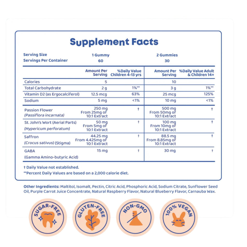 Saffron Gummies for Kids, Sugar-Free, 60 Gummies | Supports Mood, Calm & Focus, Saffron Extract, Passionflower, St. John's Wort & GABA, Sugar-Free, Gluten-Free, Vegan, Non-GMO