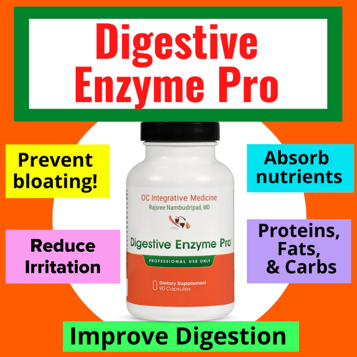 Digestive Enzyme Pro by Dr. Rajsree, MD | Full Spectrum Digestive Enzyme Support for Gas, Bloating & Indigestion | with Betaine, Pepsin, Ox Bile & Pancreatin | 90 Capsules