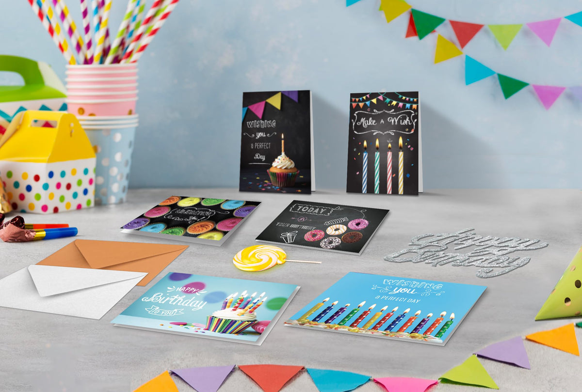 120 Birthday Cards Bulk- Happy Birthday Cards with Envelpoes,30 Unique Blackboard Designs, Large 5x7 Inches, Includes Kraft and White Envelopes – Assorted Birthday Cards for Business & Personal Use