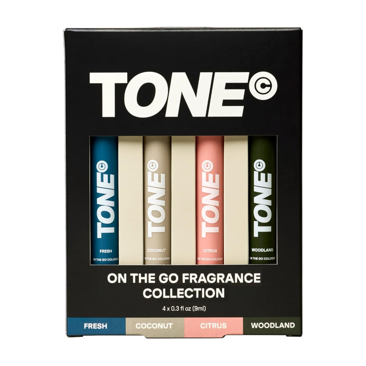 TONE 4 Piece On-The-Go Cologne Sample Pack for Men & Women, Multi-Layered, Light Cologne, Travel Size, 4 Premium Scents - Fresh, Citrus, Coconut, Woodland (0.3 fl oz each)