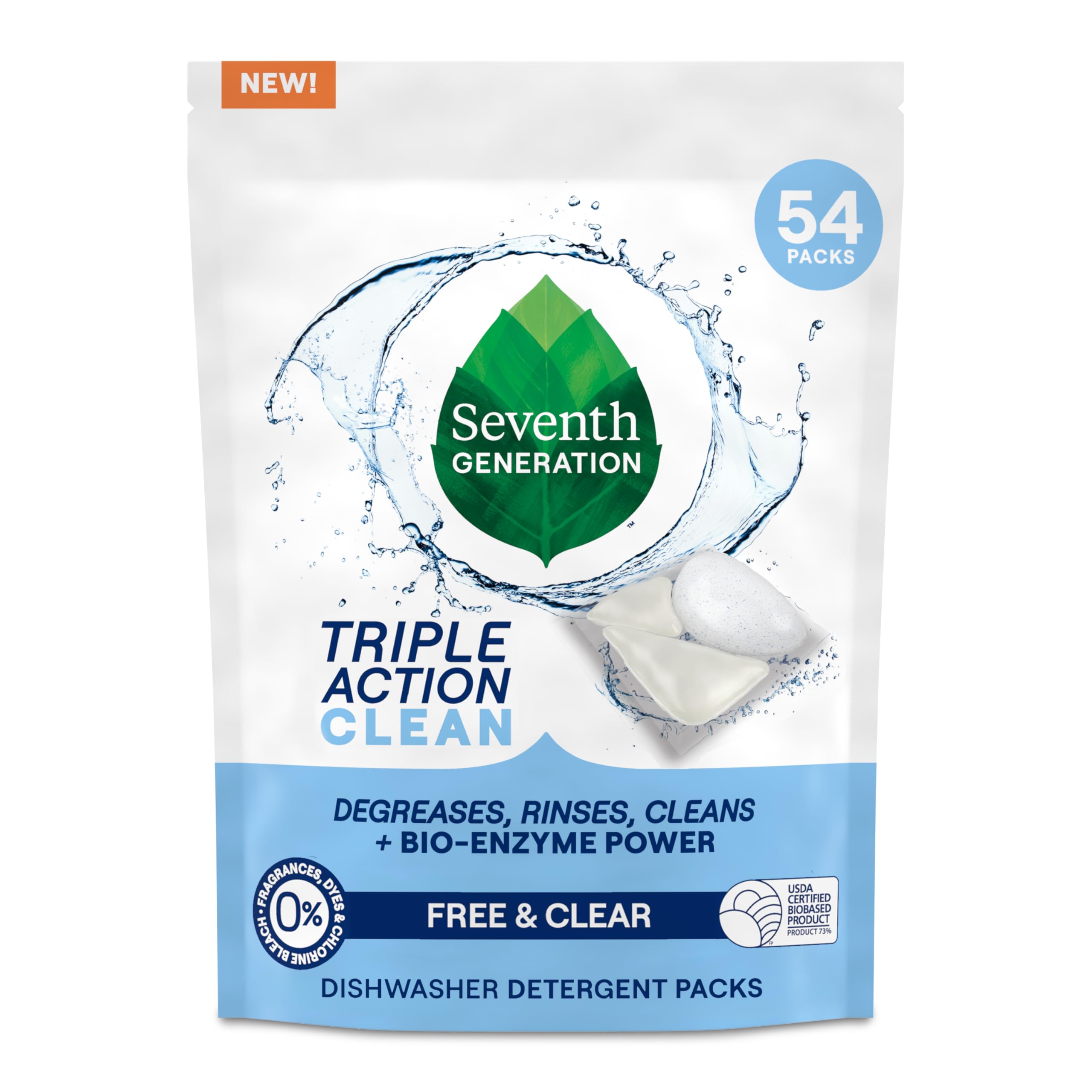 Buy now Seventh Generation Triple Action Clean Automatic Dishwasher Detergent Packs with Bio-Enzyme Power, Free & Clear, Fights 48-hour Stuck-on Food, 54 count at indiglob india