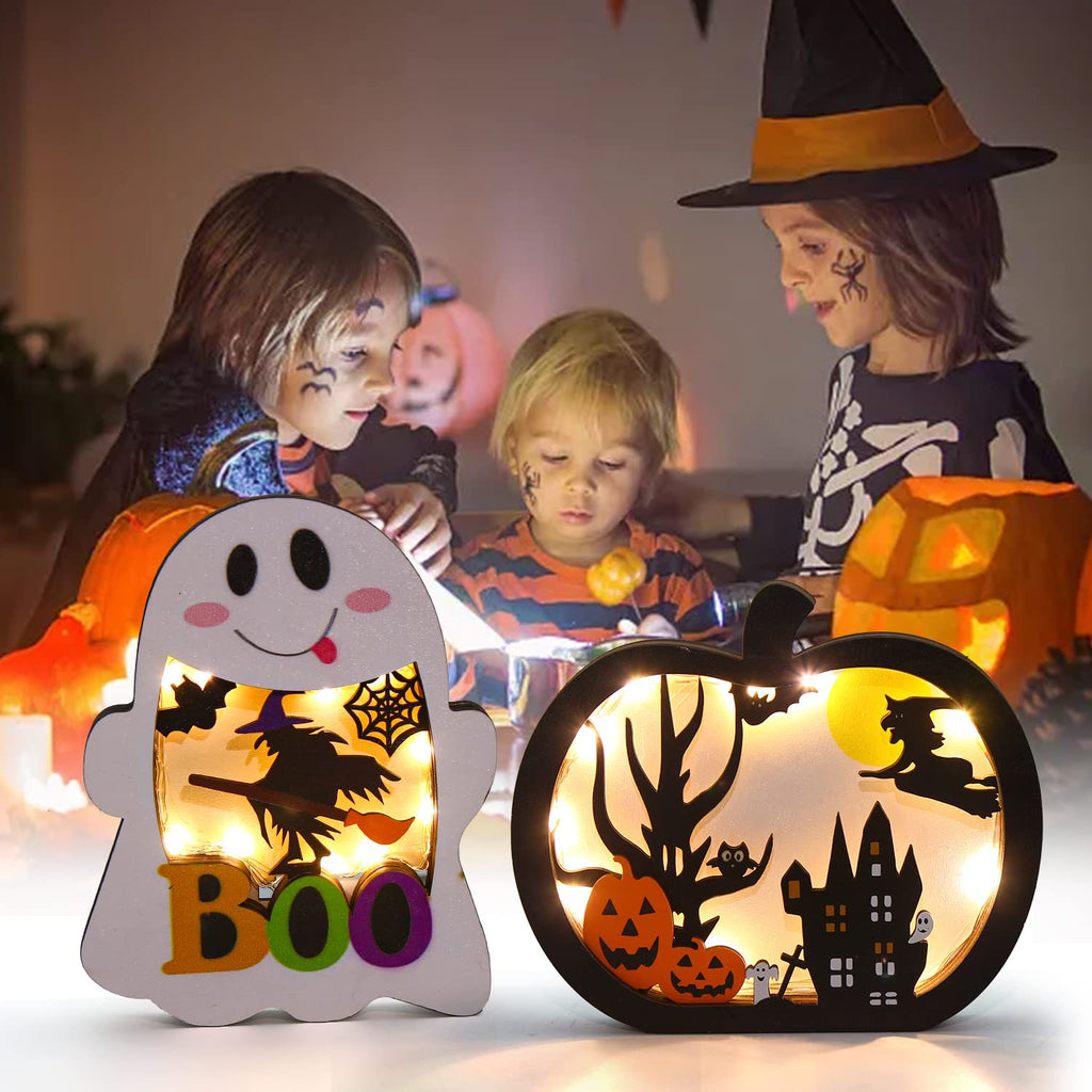SULOLI Halloween Wooden Lighted Pumpkin for Tabletop, 2pcs Light Up Pumpkin Ghost Lamp Lantern Shadow Box Halloween Table Decorations Ornament