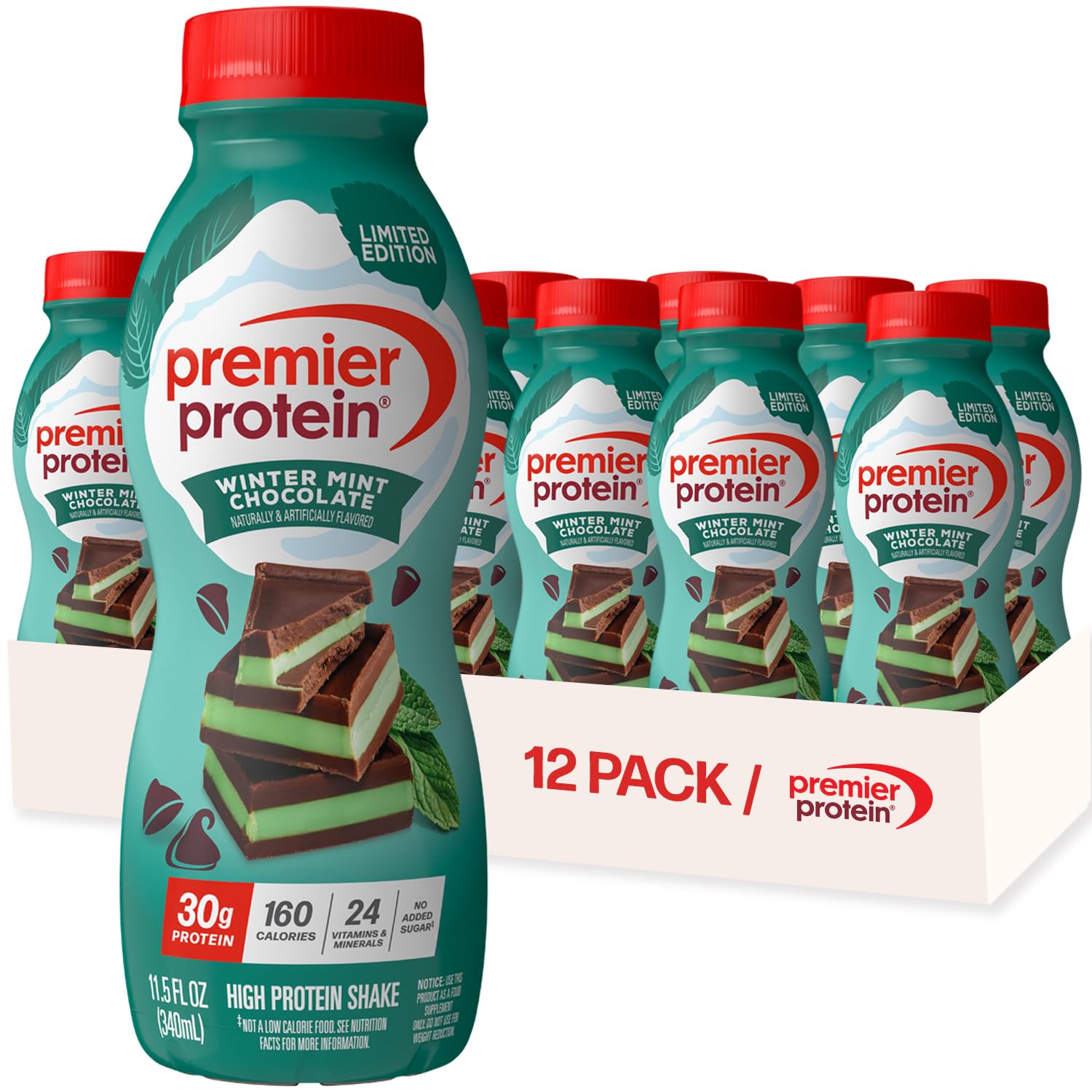 Buy now Premier Protein Shake, Peaches & Cream, 30g Protein, No Added Sugar, 24 Vitamins & Minerals to Support Immune Health, 11.5 fl oz, 12 Pack (Packaging May Vary) Limited Edition: Winter Mint Chocolate 11.5 Fl Oz (Pack of 12) at indiglob india