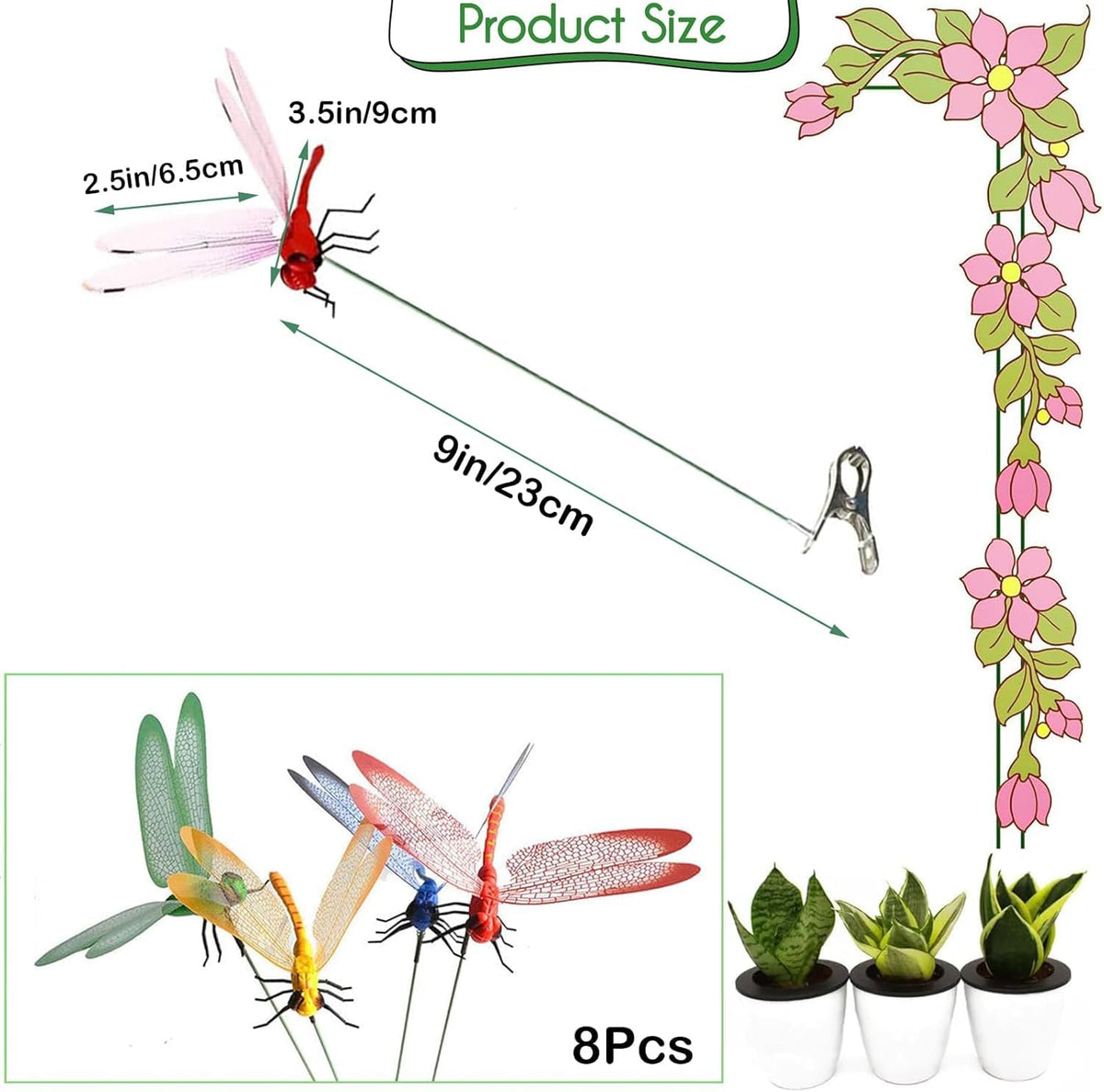 PWireless 8 Pack 3D Dragonfly Clips, Realistic Fake Dragonflies with Stakes