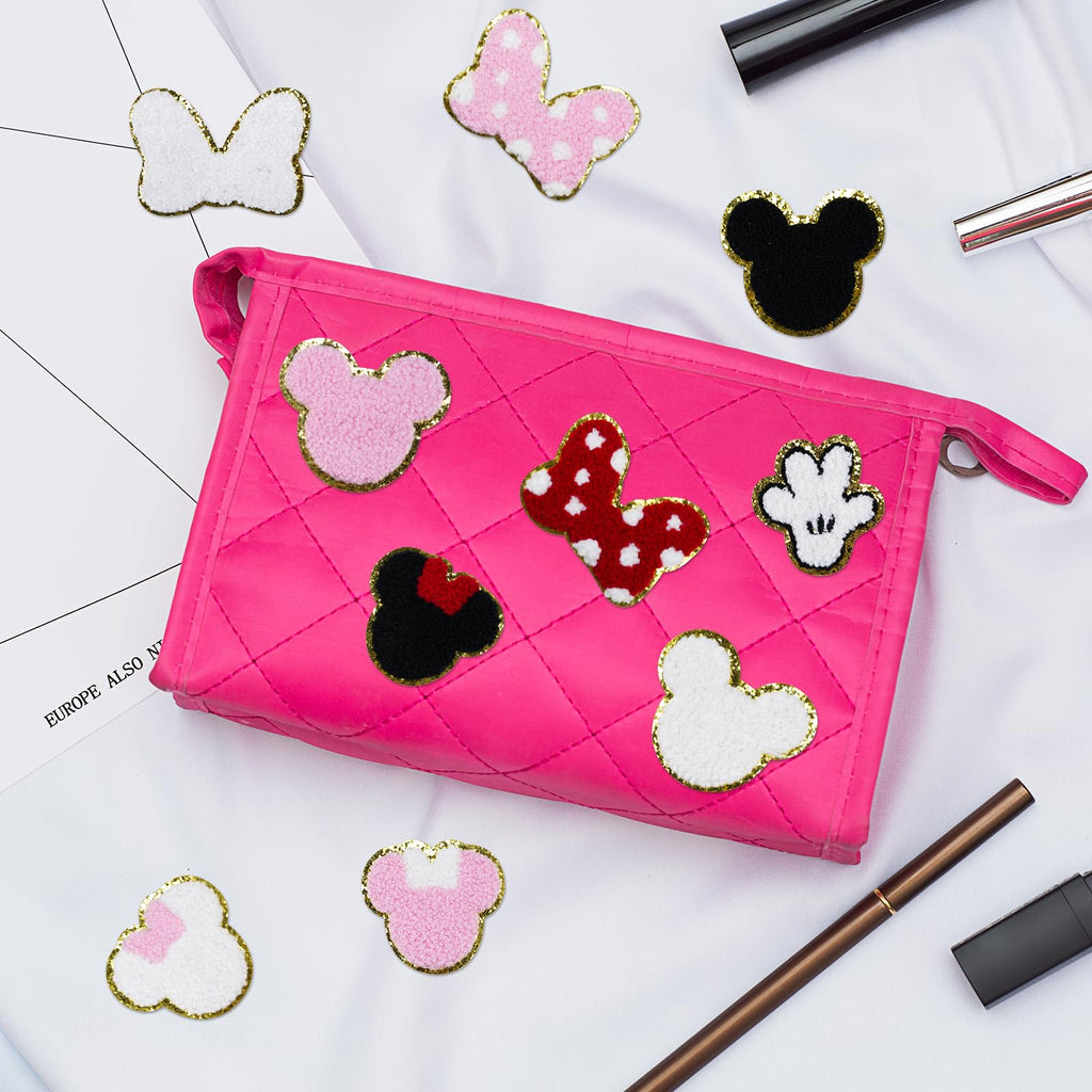 20Pcs Mouse Themed Patch, Pink Mouse Chenille Patches Gold Edges Bowknot Iron On Patch for Bags Hat DIY Clothing Repair
