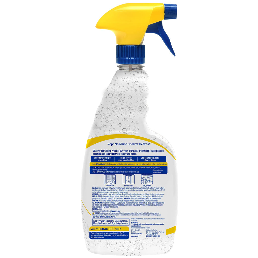 Zep Home Pro No Rinse Shower Defense, 32 Fl Oz Spray - R61006 - Streak-Free Shine, Serene Spa Fragrance, 5X Better Surface Protection