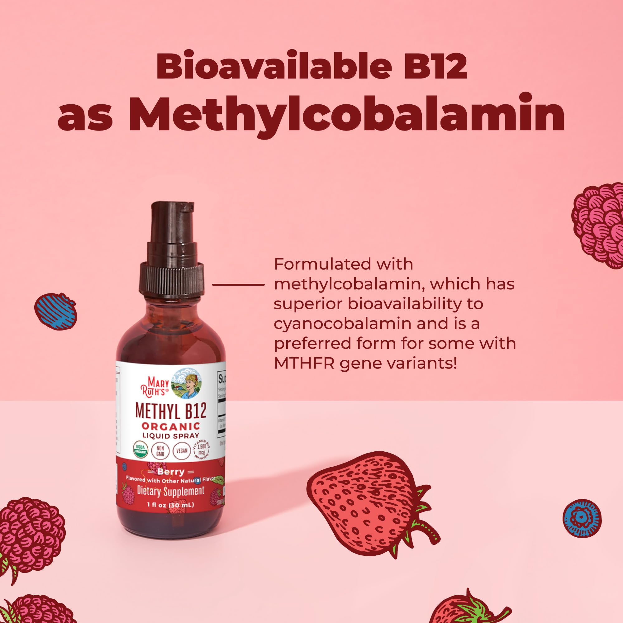 MARYRUTH'S Organic Methyl B12 Spray, 1,500 mcg B12 Per Serving, 1 Fl Oz | Energy Metabolism Support, Gluten Free, Vegan, Non-GMO