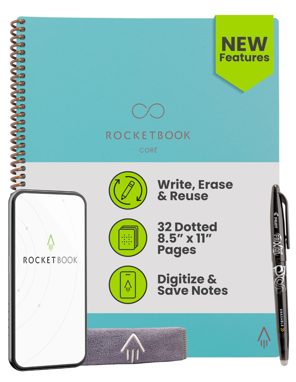 Buy now Rocketbook Core Reusable Spiral Notebook, Letter Size 8.5x11, Black - Dotted Pages, App-Connected, Erasable, Durable Cover, Ideal for School, Work, and Creative Projects at indiglob india