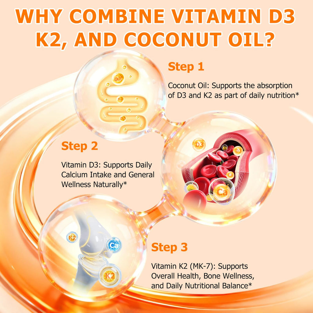 Vitamin D3 K2 Supplement Softgel, Vitamin D3 K2 Softgel with 10000 IU Supports Immune, Heart, Teeth & Bone Health, Free of GMO, Gluten, Soy, 120 Softgels