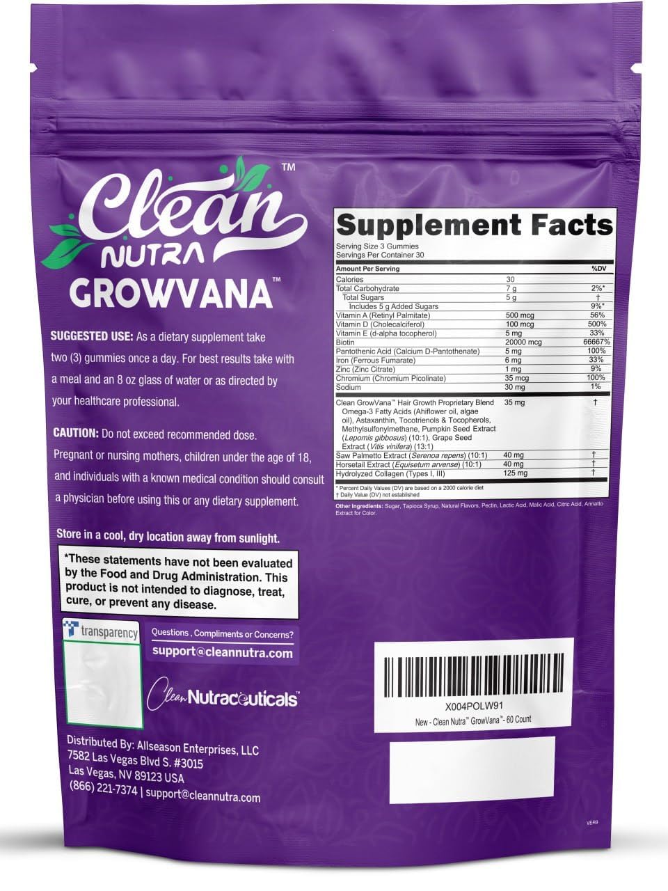 Biotin Gummies for Hair Growth, Hair Vitamins for Women with Collagen Keratin Zinc Saw Palmetto Horsetail Astaxanthin Pumpkin Seed MSM Grape Seed Iron Vitamins A D E, GrowVana by Clean Nutra 90 Count