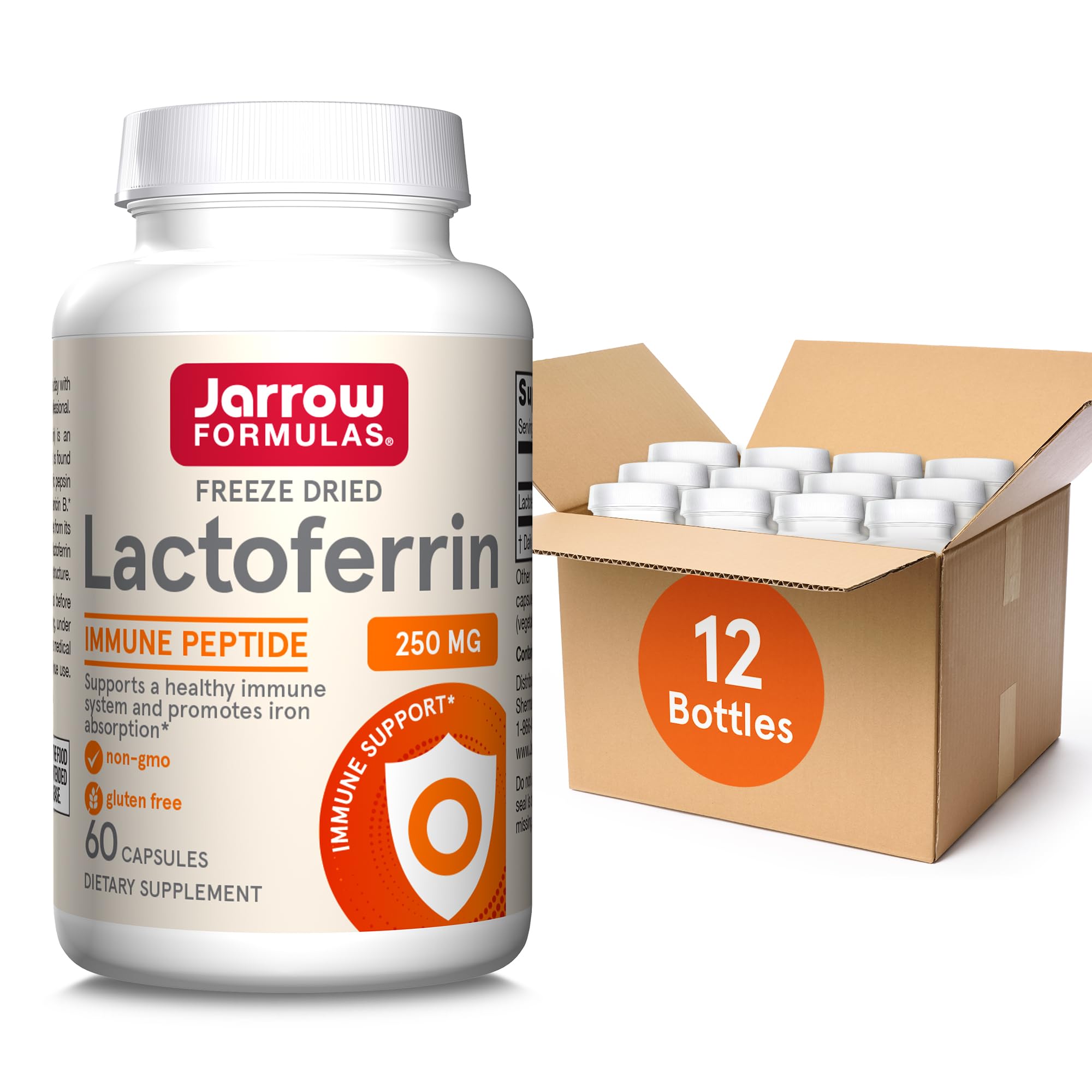 Jarrow Formulas Lactoferrin Supplements 250 mg - Immune-Supporting Glycoprotein for Healthy Immune System Support & Iron Absorption - Freeze Dried, Gluten Free, Non-GMO - 60 Capsules (Pack of 2)