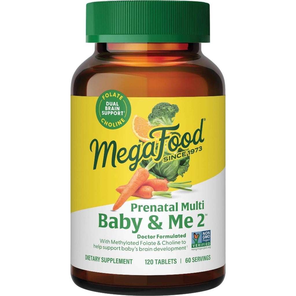 MegaFood Baby & Me 2 Prenatal Vitamins, Doctor Formulated, 60 Tablets | Prenatal Vitamins for Women with Methylfolate, Choline, Iron, Iodine, Vitamin C & D3, Non-GMO, Vegetarian, 30 Servings