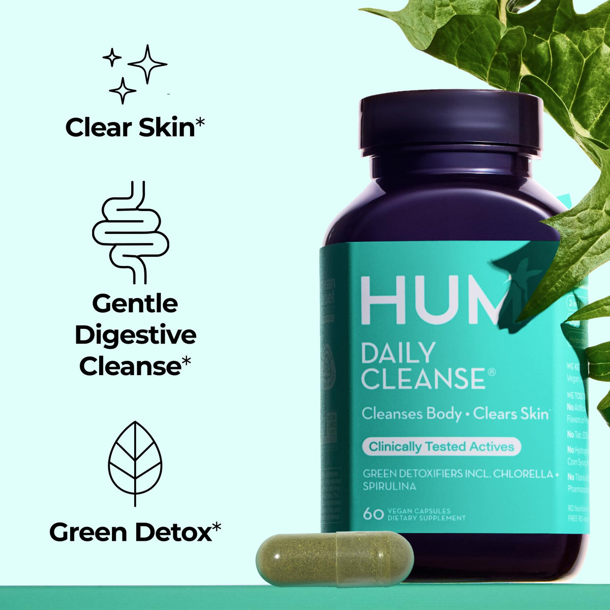 HUM Daily Cleanse Skin Health Supplement, Clear Skin Support, 60 Count