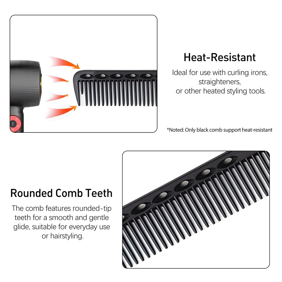 3-Piece Carbon Fiber Salon Hairdressing Comb Set - Fine Cutting Comb for Men & Women - Heat Resistant - Black, Grey, White