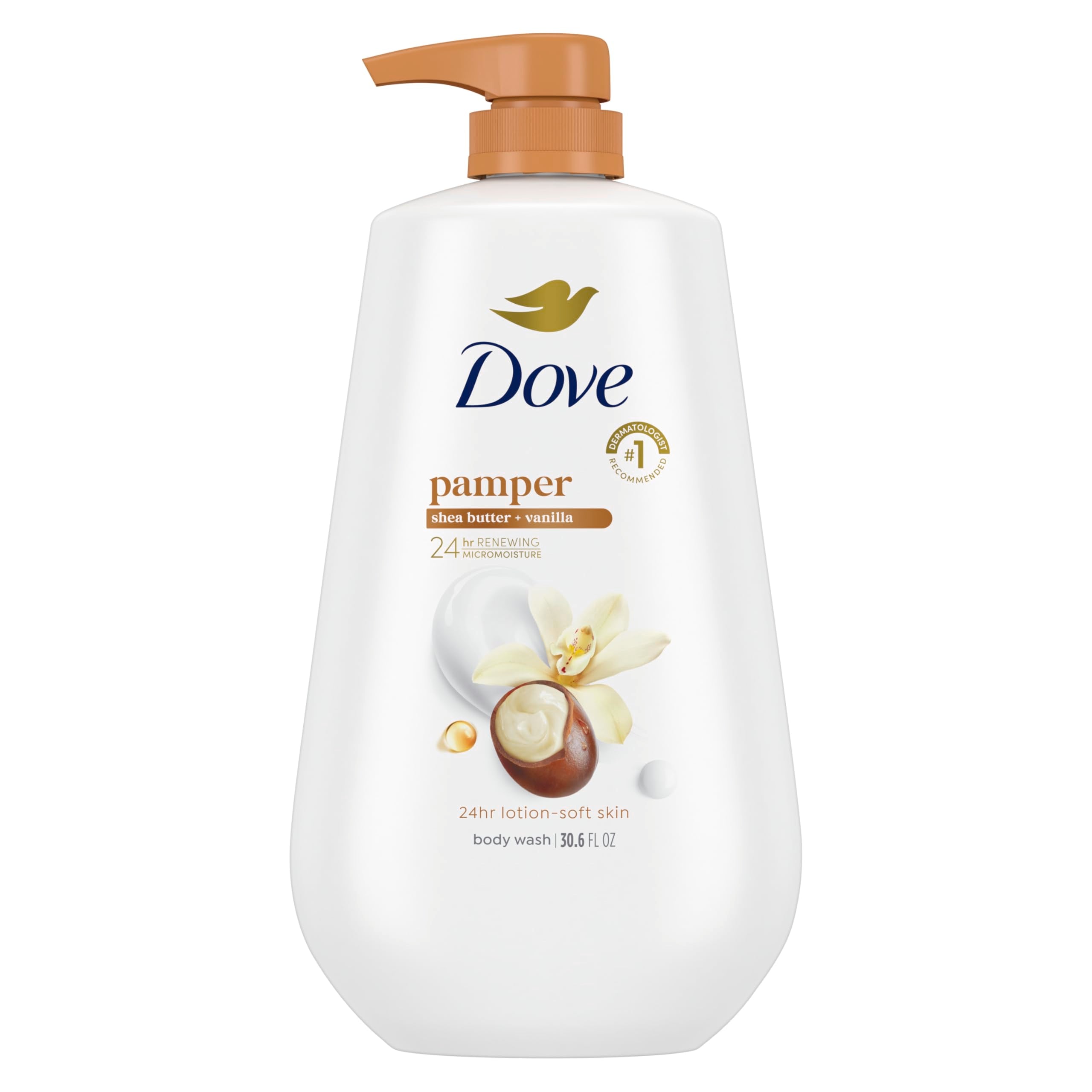 Dove Body Wash Pamper Shea Butter & Vanilla 30.6 oz Pump, Sulfate Free | Dove Shea Butter & Vanilla Body Wash nourishes skin for 24 hours with MicroMoisture technology and warm vanilla scent.