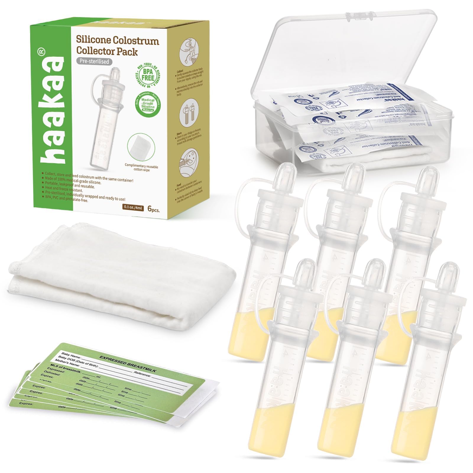 Buy now haakaa Colostrum Collector Kit Breast Milk Collector with Cotton Cloth Wipe and Storage Case, Ready-to-Use, Reusable, 4ml/6pcs at indiglob india