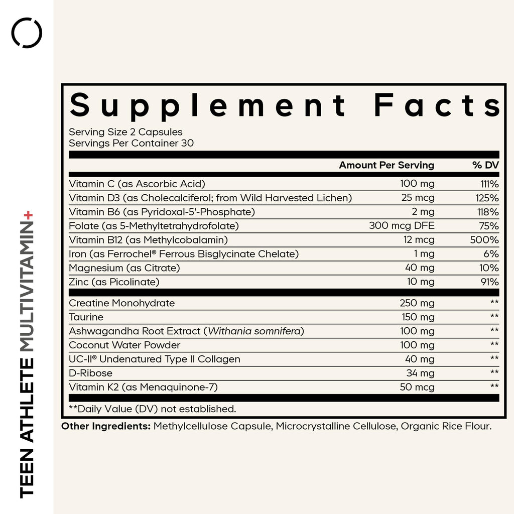 Codeage Teen Athlete Multivitamin Sports Supplement - Creatine, Methylated B Vitamins, Taurine, UC-II Collagen, Ferrochel Iron, Ashwagandha, Magnesium, Electrolytes - Non-GMO - 60 Capsules