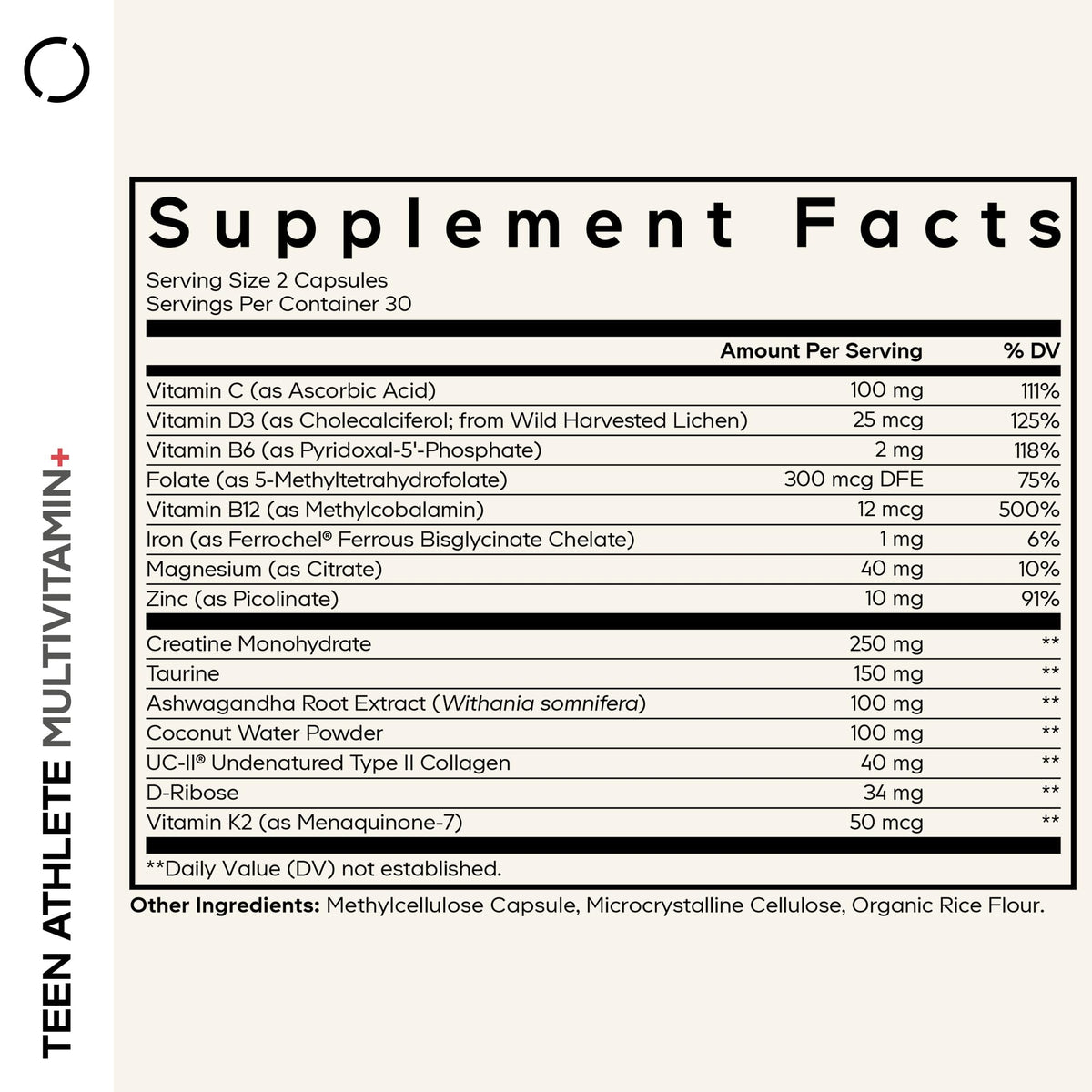Codeage Teen Athlete Multivitamin Sports Supplement - Creatine, Methylated B Vitamins, Taurine, UC-II Collagen, Ferrochel Iron, Ashwagandha, Magnesium, Electrolytes - Non-GMO - 60 Capsules
