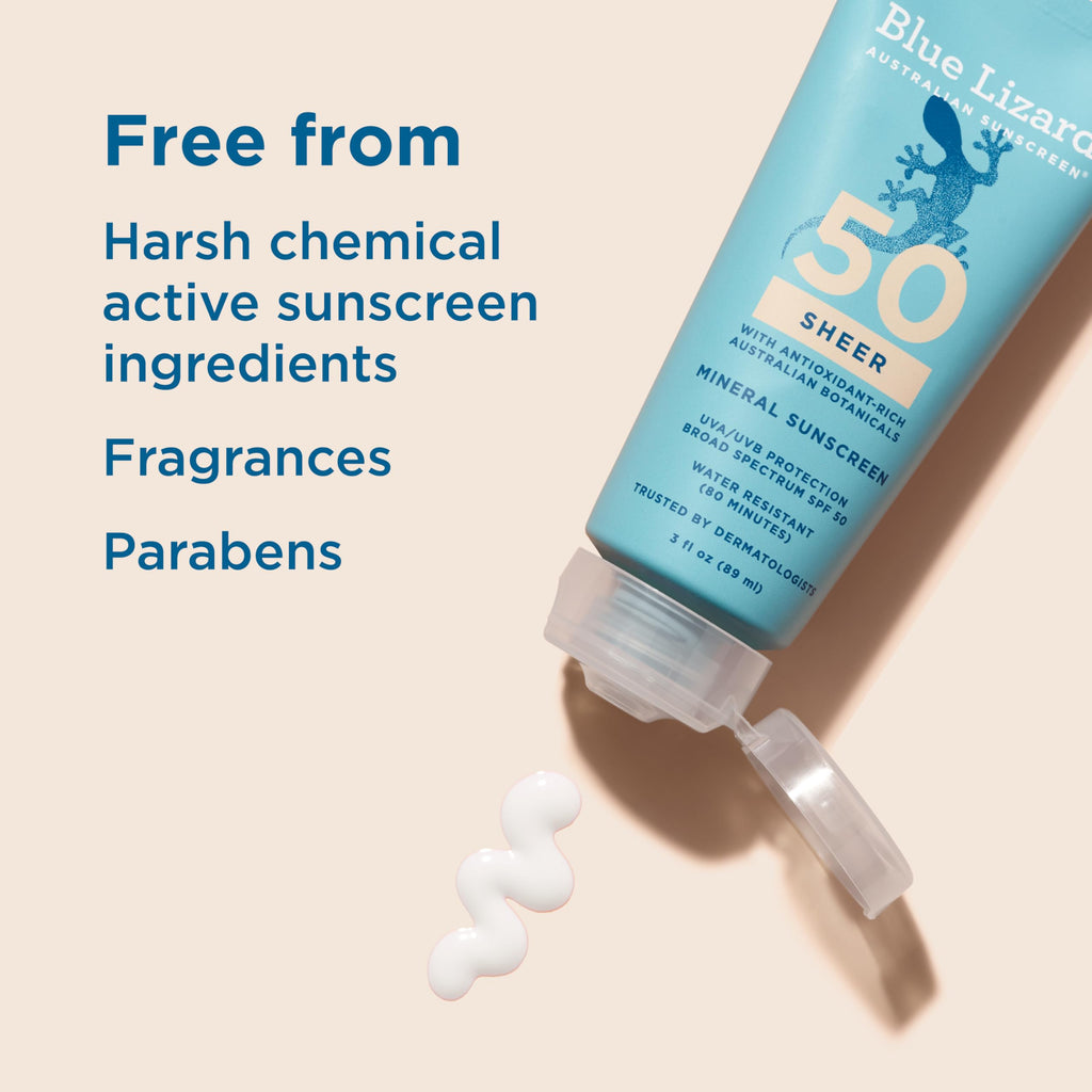 Blue Lizard Sheer Mineral SPF 50 Sunscreen Lotion, Zinc Oxide, 100% Mineral Formula, Nourishes with Australian Desert Lime and Peach, Paraben-Free, Fragrance-Free, 3 fl oz, (Pack of 2)