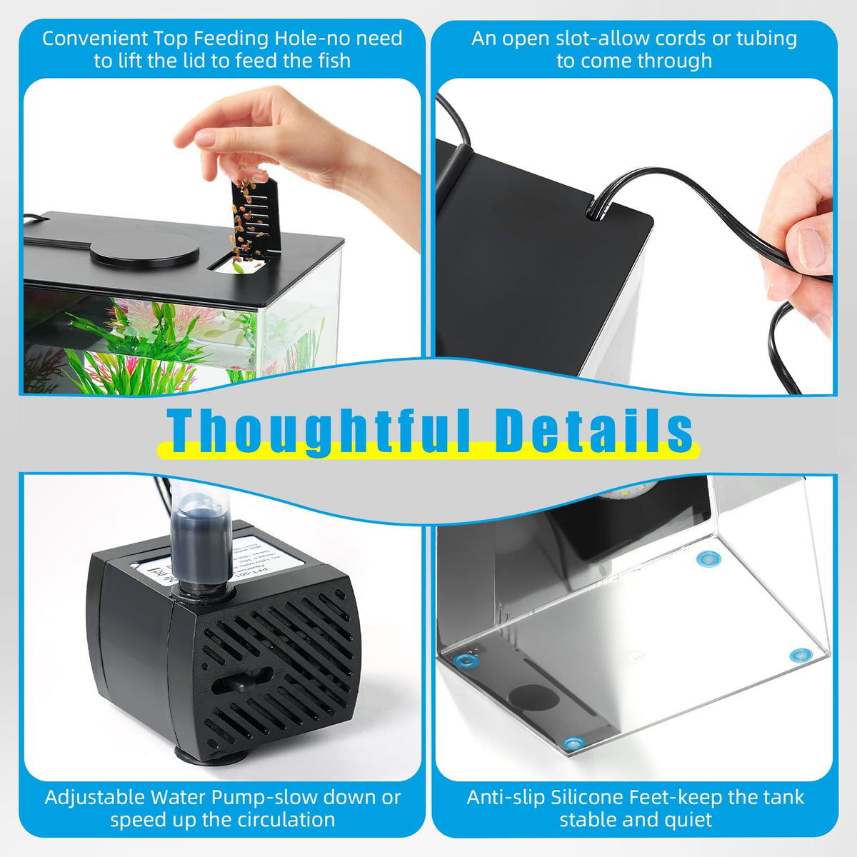 AQUANEAT Fish Tank, 1 Gallon Betta Fish Tank, Small Aquarium Kit with LED Light and Water Filter Pump