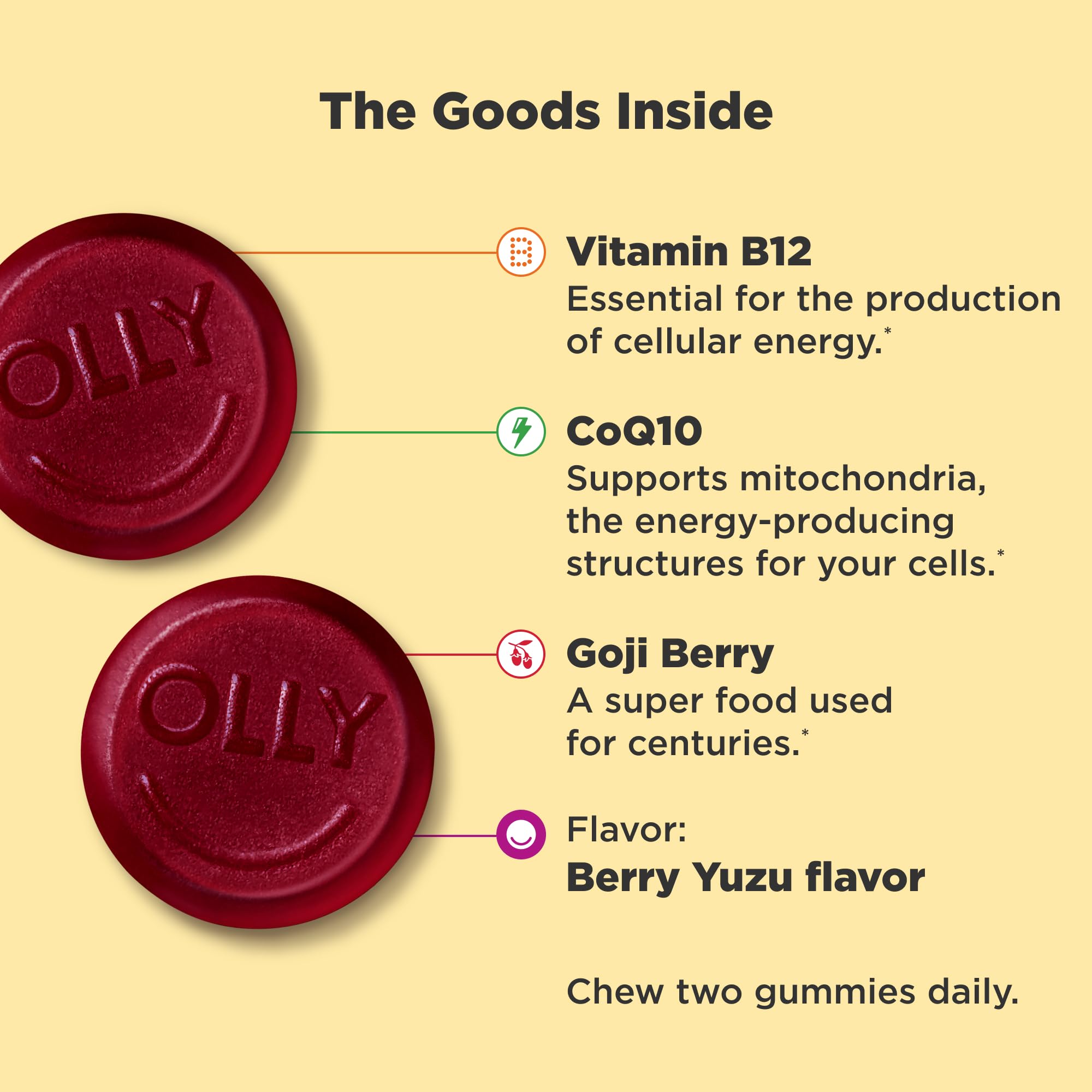 OLLY Extra Strength Daily Energy, Vitamin B12, CoQ10, Berry Yuzu - 60 Count