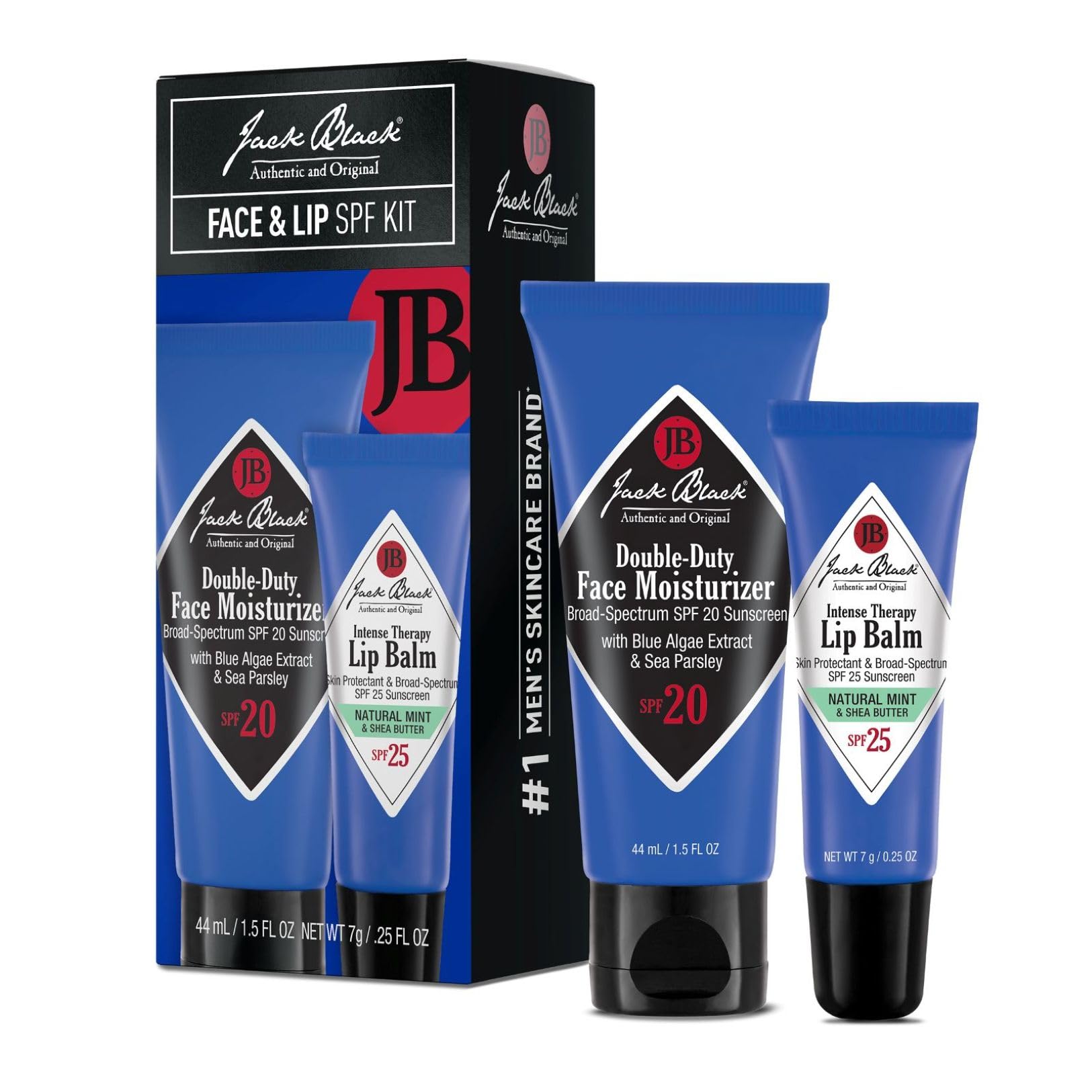 Jack Black Face & Lip Set - Double Duty Facial Moisturizer Face Cream for Men, Mens Facial Lotion with SPF + Natural Mint & Shea Butter with Vitamin E, Lip Balm SPF 25, Moisturizer Balm for Dry Lips