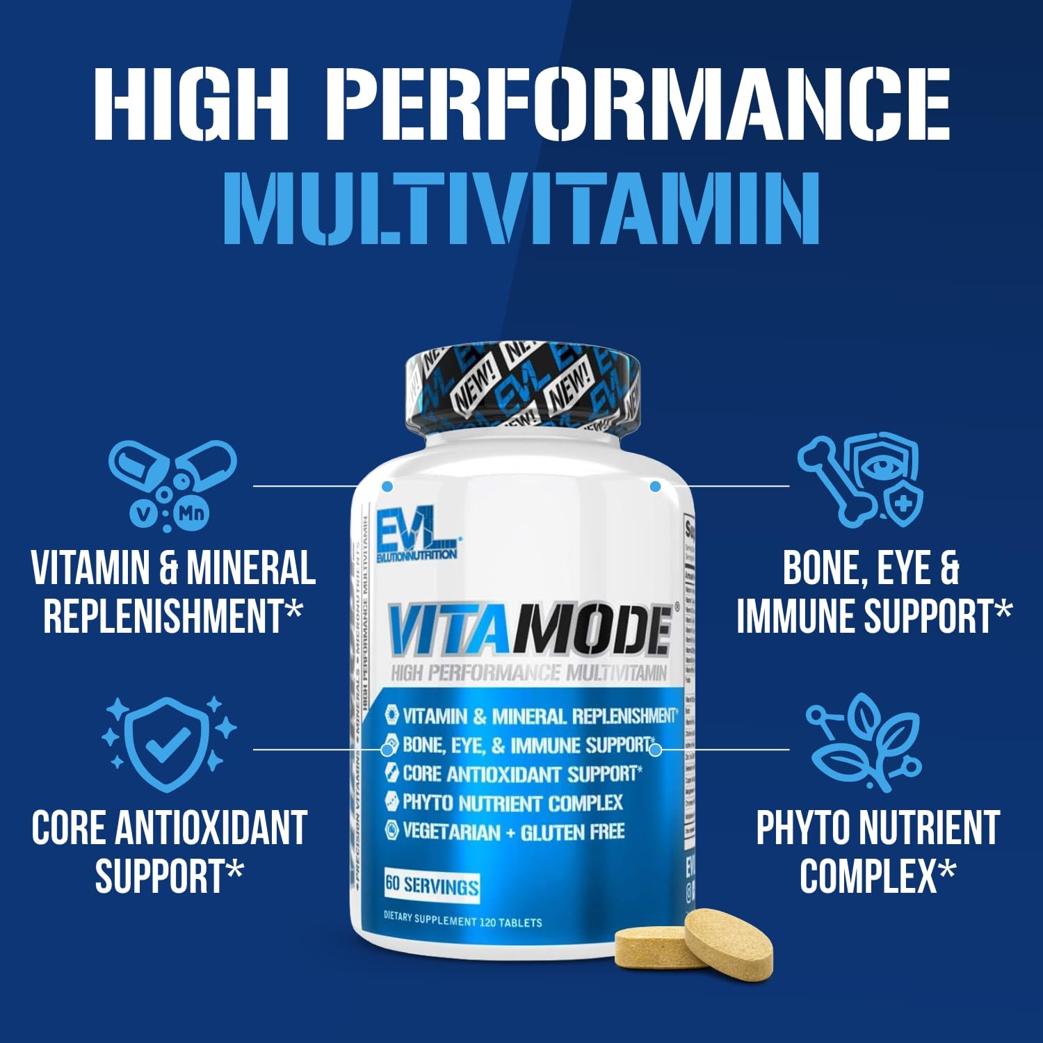 EVL Vitamode - Advanced Daily Men's Multivitamin - 60 Servings | Essential Minerals - Phytonutrient Complex - Active Mens Vitamins for Energy with Lycopene for Muscle Bone and Immune Support