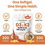 VEV Corefeel Vitamin D3 K2 10,000 IU, 200 mcg MK-7, 300 Coconut Oil Softgels
