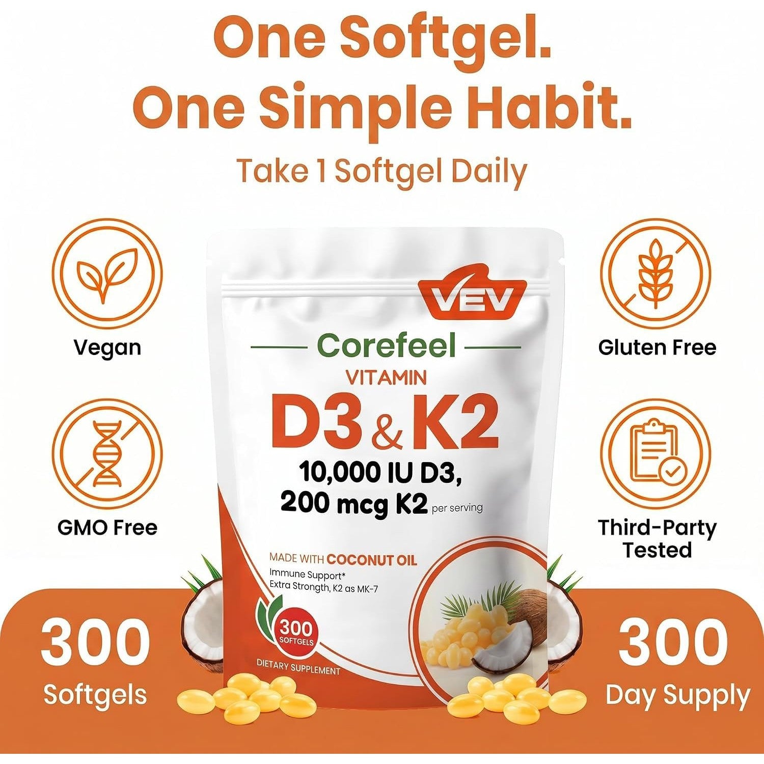 VEV Corefeel Vitamin D3 K2 10,000 IU, 200 mcg MK-7, 300 Coconut Oil Softgels