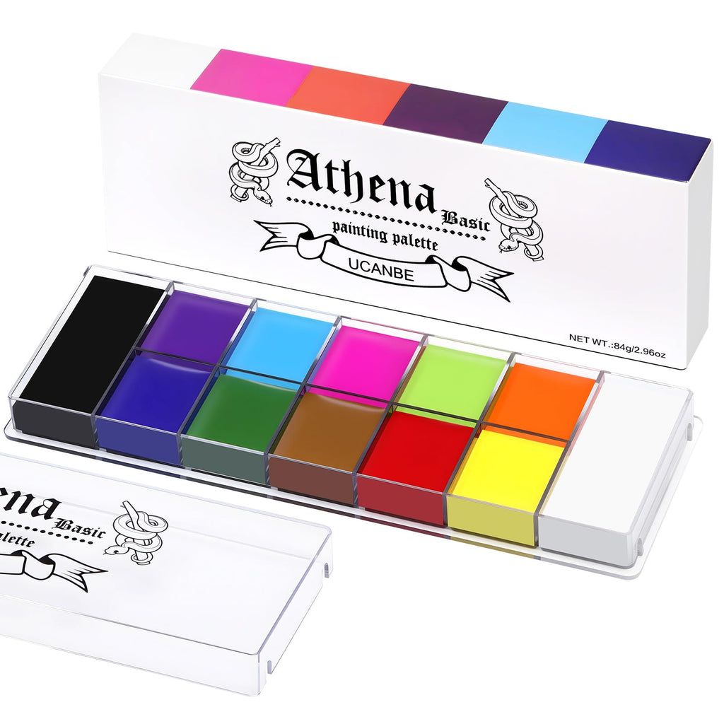 UCANBE Athena Basic Face Body Paint Oil Palette, 12 Color Large Black White Professional Face Painting Makeup Kit, Facepaint Pallet for Halloween SFX Party Art Stage Costume Cosplay Clown Goth Make Up