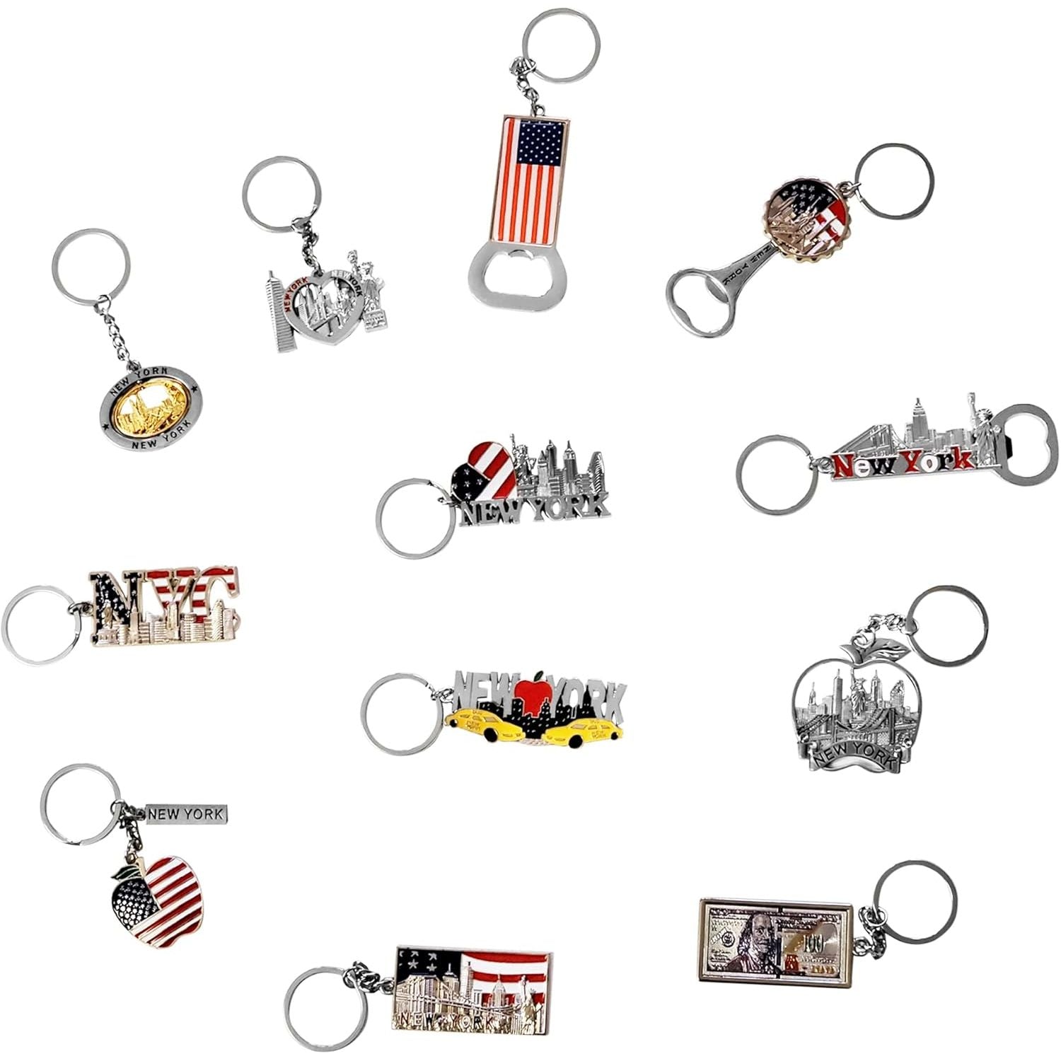 Buy now Spark 12-Pack New York City Souvenir Keychains – 3D Silver Metal NYC Landmark Set with Statue of Liberty, Empire State Building, Freedom Tower, Taxi Cab, USA Flag & Bottle Openers at indiglob india