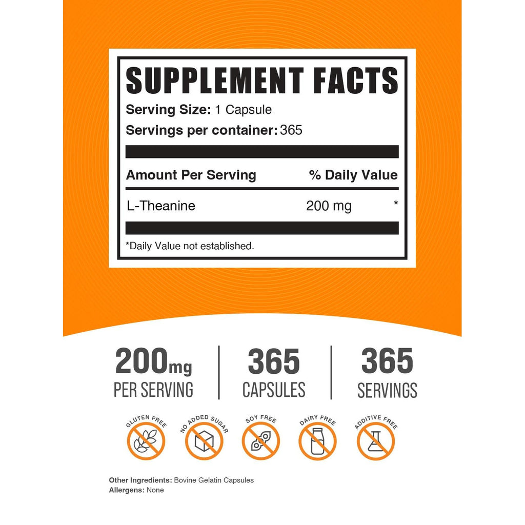 BulkSupplements.com L-Theanine Capsules - L-Theanine Supplement, L-Theanine 200mg, Theanine Pills - Amino Amino Supplement, Gluten Free - 1 Theanine Capsule per Serving, 365 Capsules