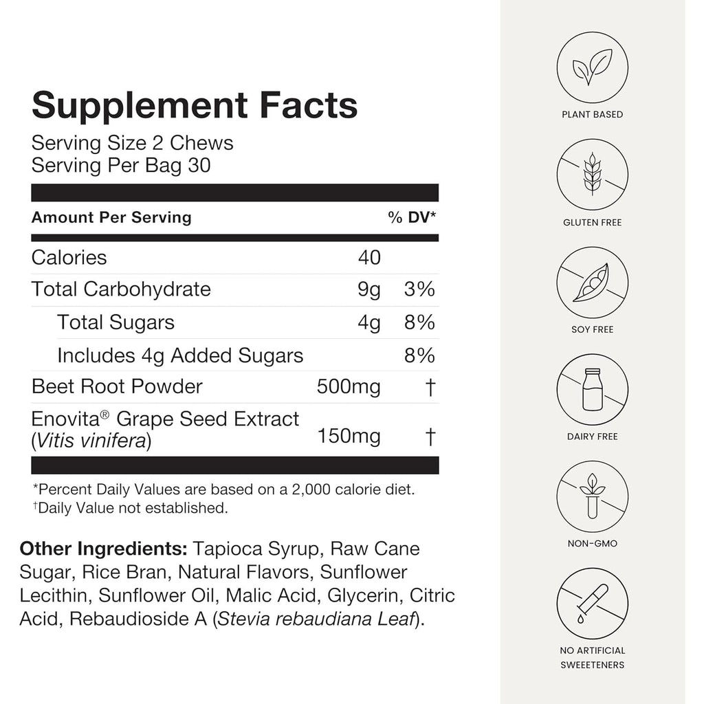 Buy now Humann SuperBeets Heart Chews, Nitric Oxide and Blood Pressure Support, Grape Seed Extract & Non-GMO Beet Root Powder Energy Supplement, Pomegranate Berry Flavor, 60 Count at indiglob india