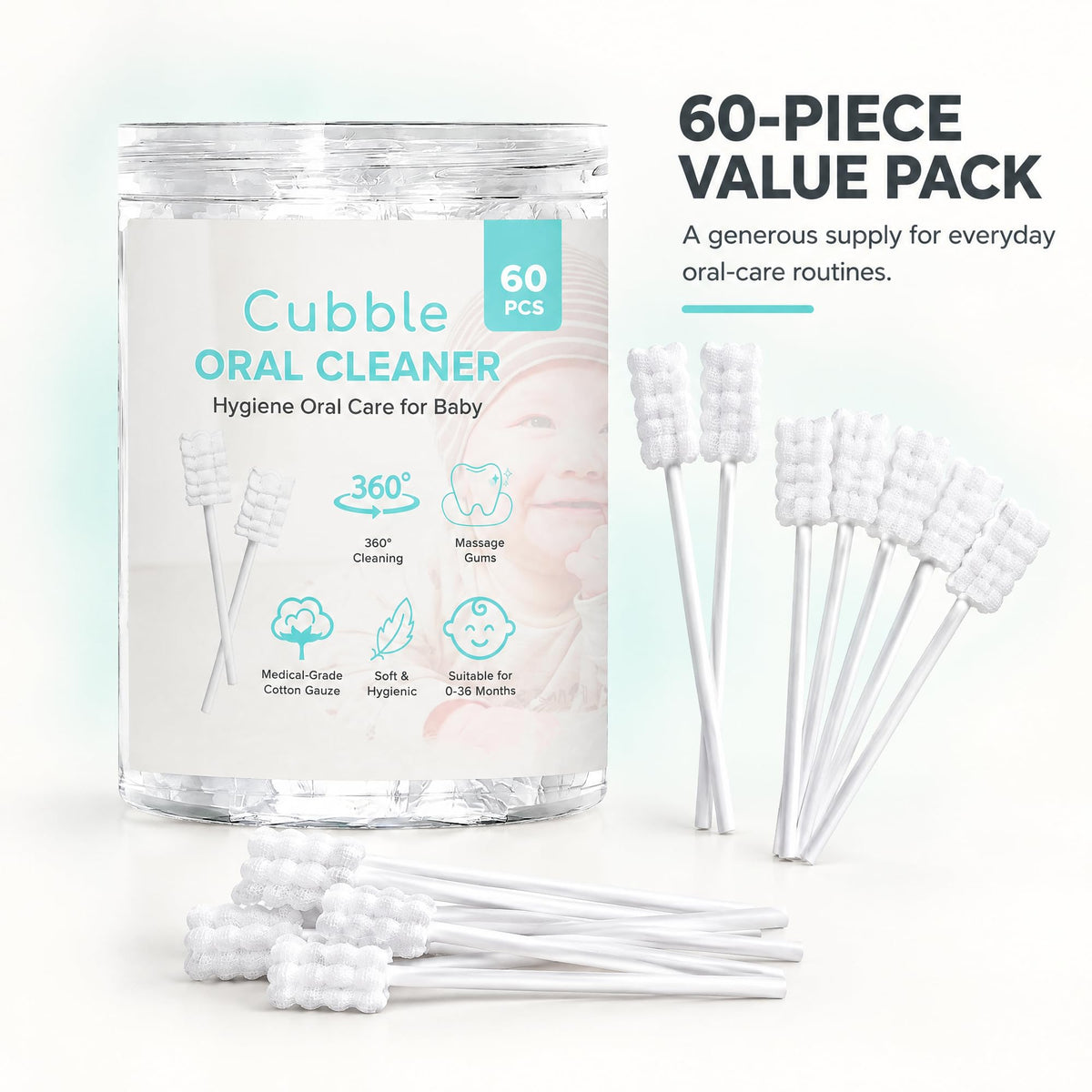 Baby Tongue Cleaner, 60pcs, Disposable Infant Toothbrush, Hygiene Oral Care Oral Wipes for Baby and Infant