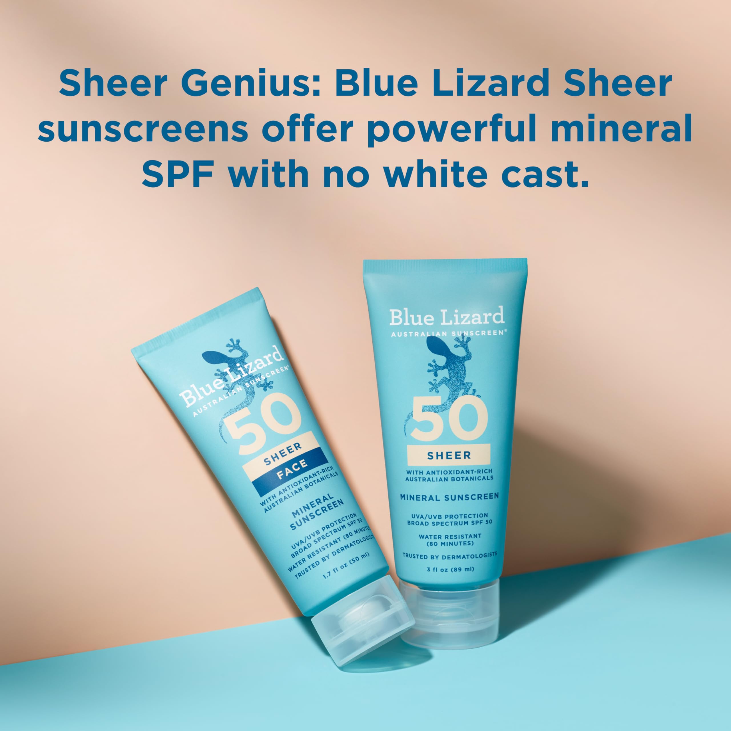 Blue Lizard Sheer Mineral SPF 50 Sunscreen Lotion, Zinc Oxide, 100% Mineral Formula, Nourishes with Australian Desert Lime and Peach, Paraben-Free, Fragrance-Free, 3 fl oz, (Pack of 2)