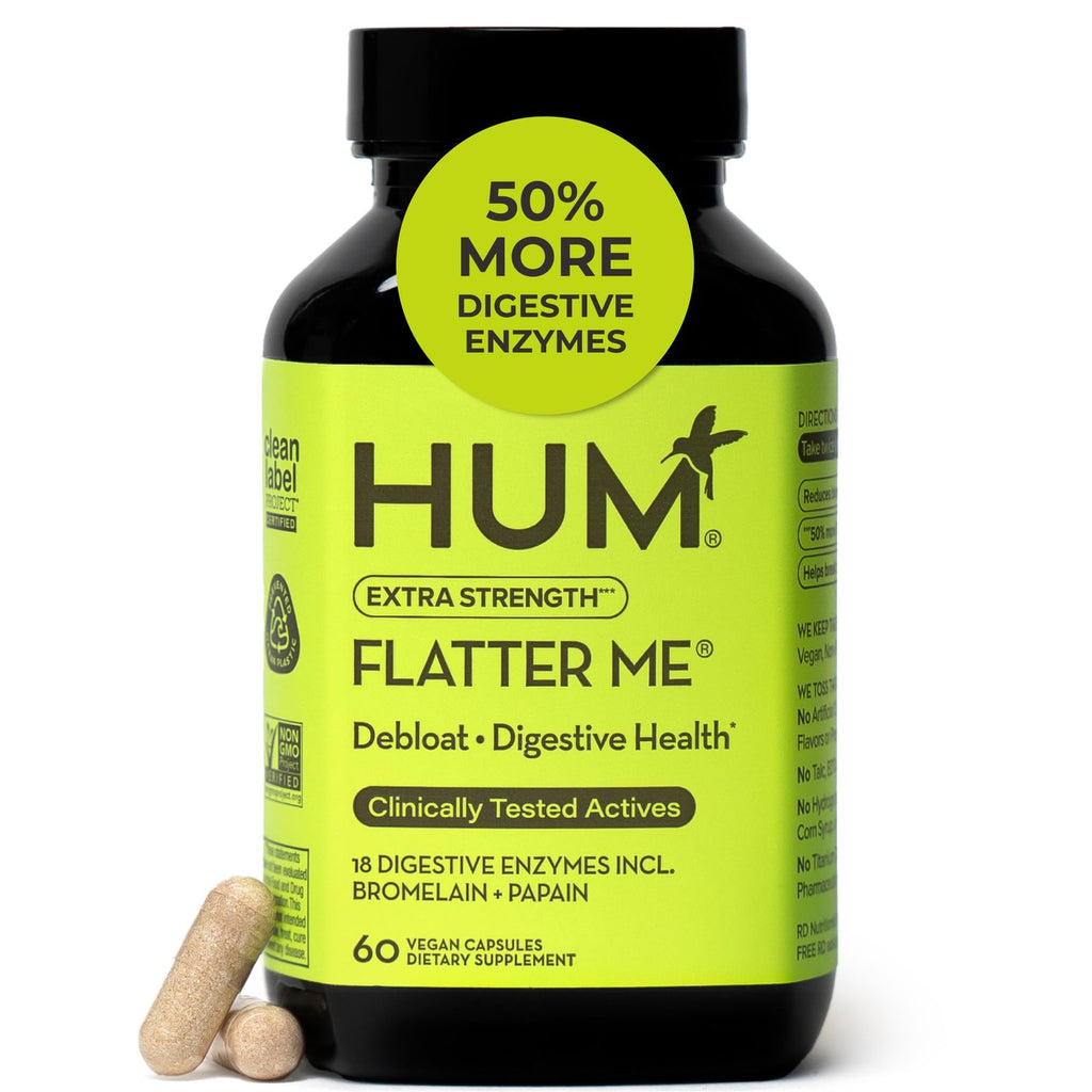 HUM Flatter Me Digestive Enzymes, Digestion & Bloating Support, 60 Count | 18 Digestive Enzymes, Ginger, Peppermint & Fennel, Women & Men, Vegan, Non-GMO, 60 Capsules