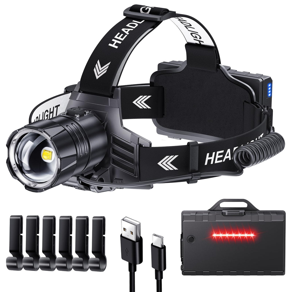 Sinvimes 99000 High Lux LED Rechargeable Headlamp, 95H Long Battery Life Head Lamp with 5 Modes & IPX7 Waterproof & Zoomable, 125° Adjustable Head Light for Adults, Outdoor, Camping, Hardhat