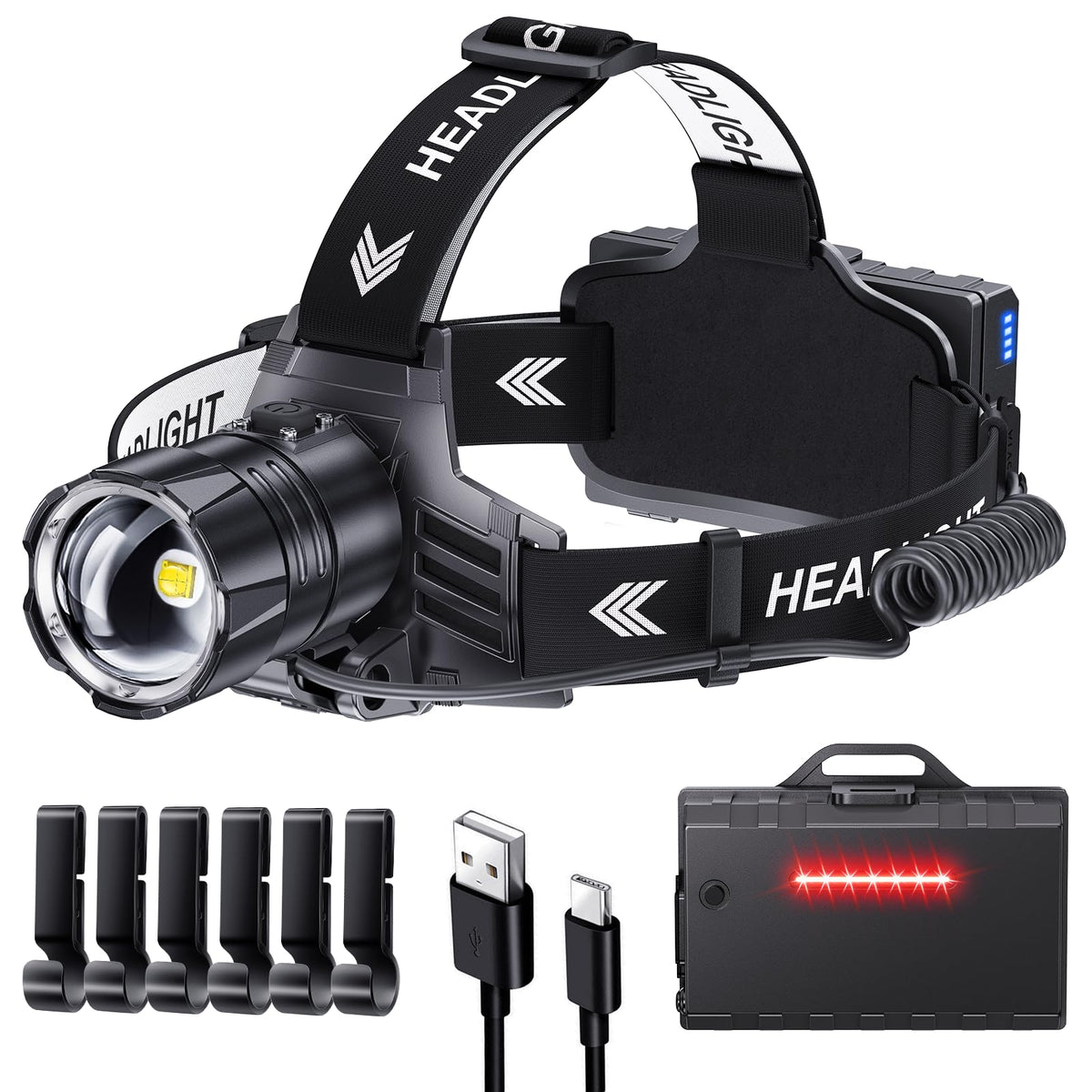 Sinvimes 99000 High Lux LED Rechargeable Headlamp, 95H Long Battery Life Head Lamp with 5 Modes & IPX7 Waterproof & Zoomable, 125° Adjustable Head Light for Adults, Outdoor, Camping, Hardhat