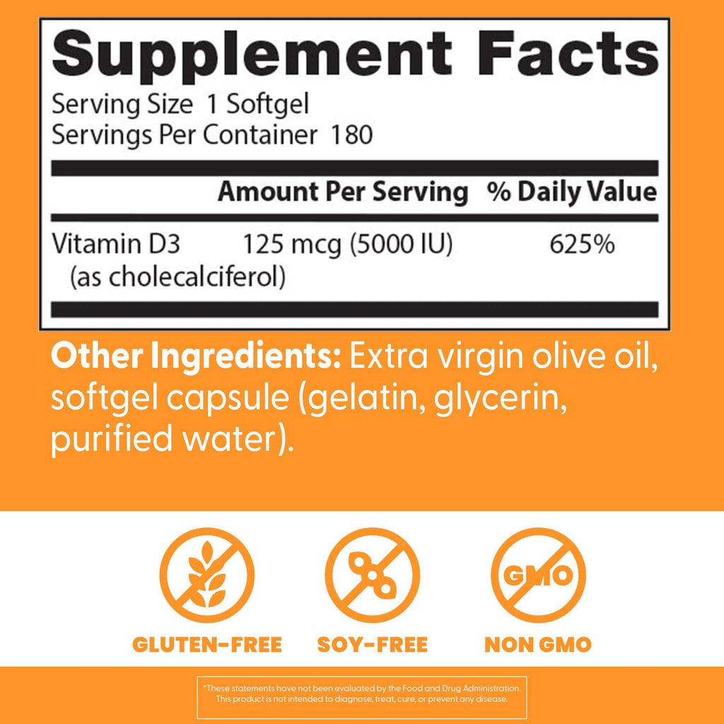 Doctor's Best Vitamin D3 5000IU, Non-GMO, Gluten & Soy Free, Regulates Immune Function, Supports Healthy Bones, White, No Flavour, 180 Count