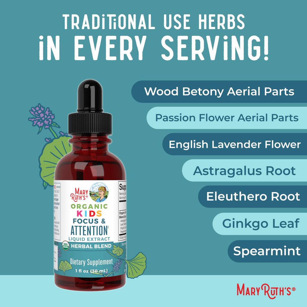 MARYRUTH'S Kids Focus & Attention Drops, USDA Organic Drops, 30 Servings | USDA Organic, Ginkgo Biloba, Rhodiola Root & Licorice Root, Adaptogenic, Vegan