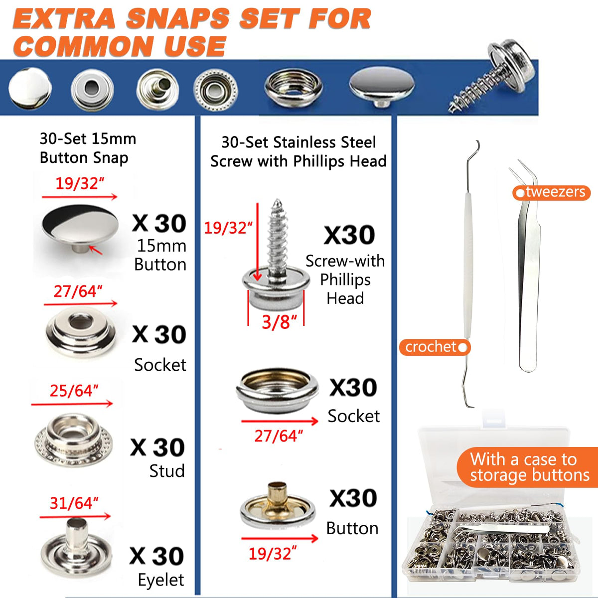 Snap Fasteners Kit, Heavy Duty Fastener Tool and 60-Set 15mm Marine Snaps