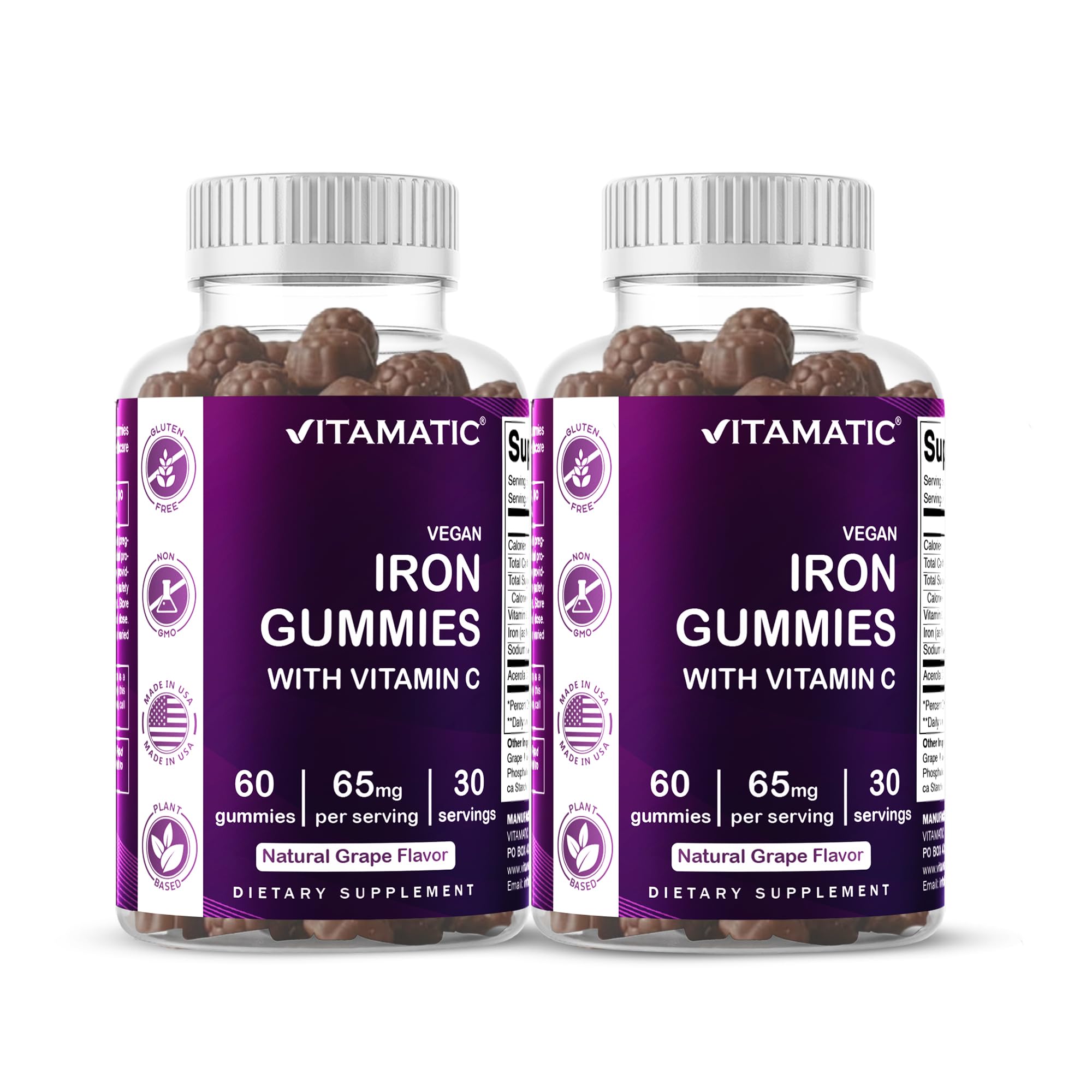 Vitamatic Iron 65 mg with Vitamin C - 60 Vegan Gummies - 3 Pack | 65 mg Iron Per Serving, Natural Grape Flavor, Plant Based, Gluten Free, Non-GMO, Made in USA