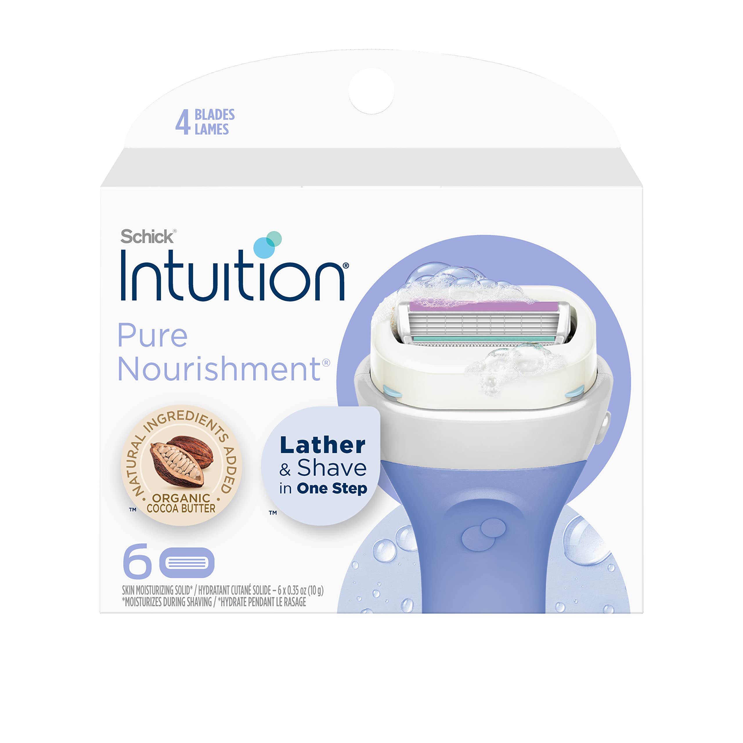 Schick Intuition Refill, Pure Nourishment Razors for Women | Intuition Razor Blades Refill with Organic Cocoa Butter, 8 Count Razor Refills