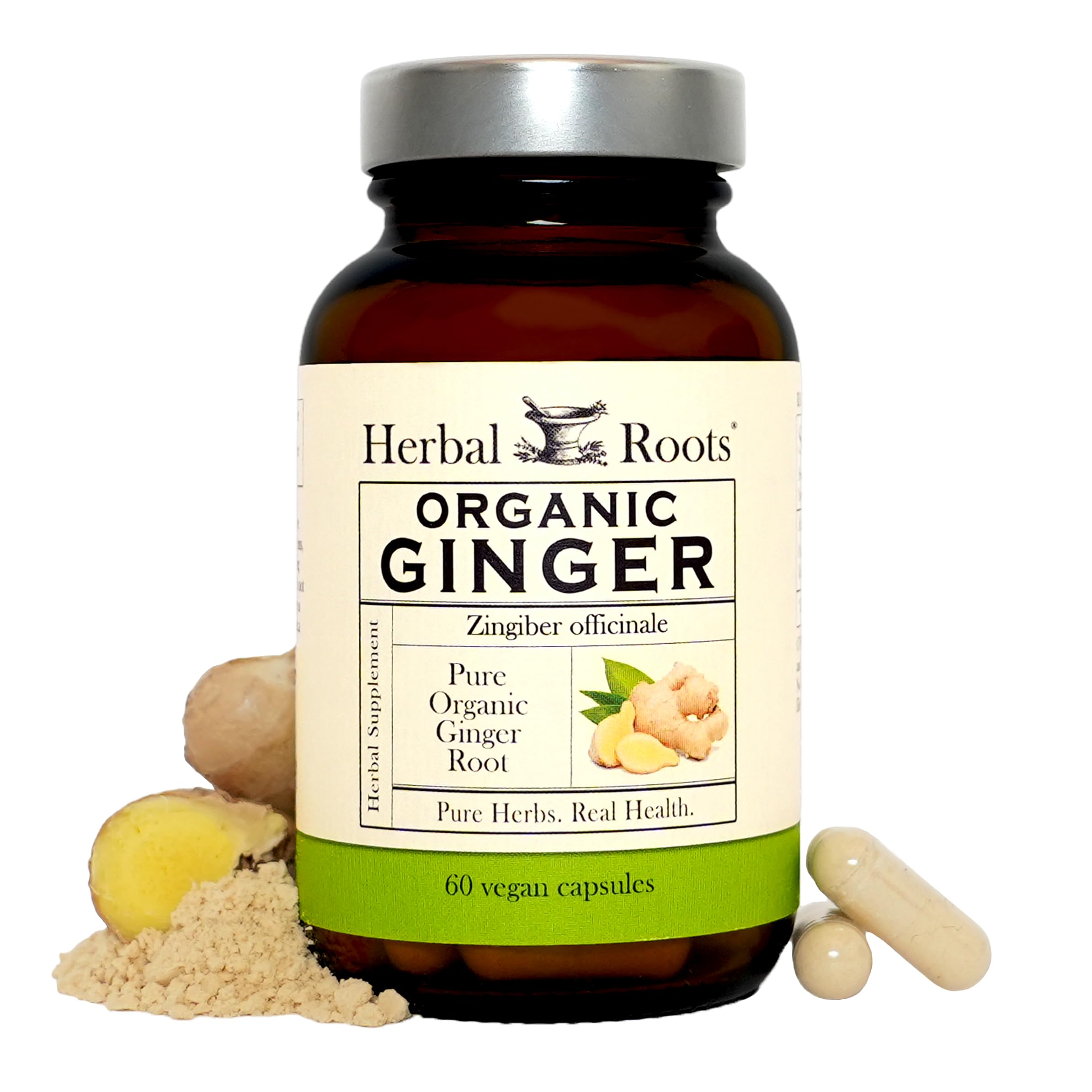 Herbal Roots Organic Ginger Capsules - Digestive Support - USDA Certified Organic - 60 Vegan Capsules