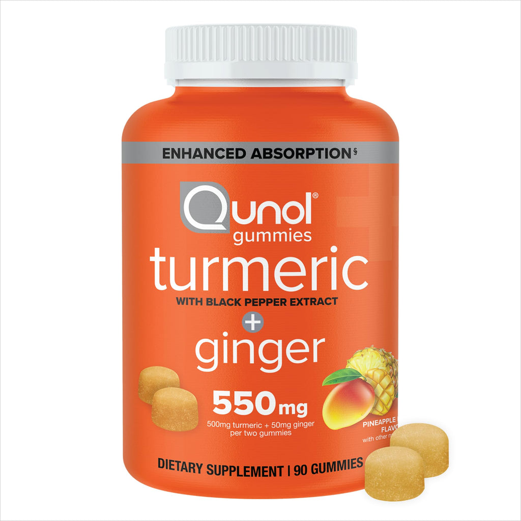 Qunol Turmeric + Black Pepper & Ginger Gummy 550mg Enhanced Absorption 90ct | Gluten Free Supplement that Supports Joint Health and a Healthy Inflammation Response, Delicious Pineapple Mango Flavor