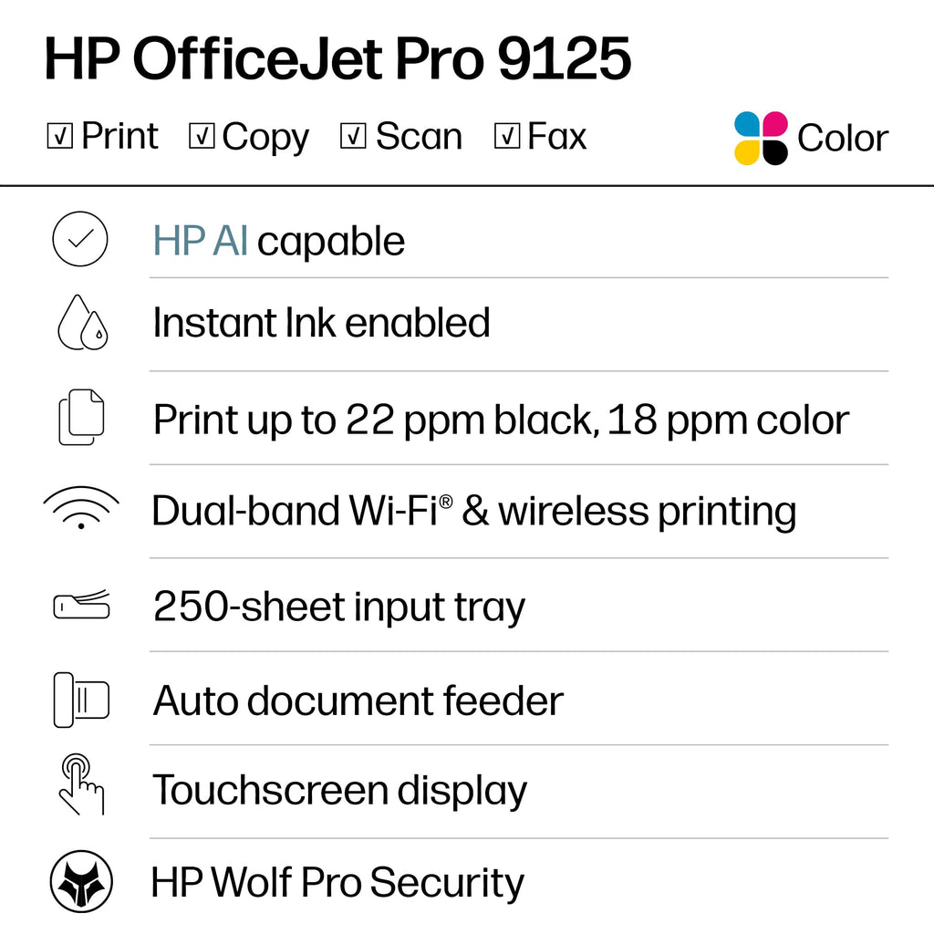 HP OfficeJet Pro 9125 Wireless All-in-One Color Inkjet Printer, Print, Scan, Copy, Fax, ADF, Duplex Print/scan, Best-for-Office, 3 Month Trial of Instant Ink Included, AI-Capable (C2VZ0A)
