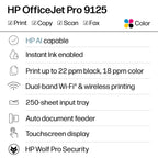 HP OfficeJet Pro 9125 Wireless All-in-One Color Inkjet Printer, Print, Scan, Copy, Fax, ADF, Duplex Print/scan, Best-for-Office, 3 Month Trial of Instant Ink Included, AI-Capable (C2VZ0A)